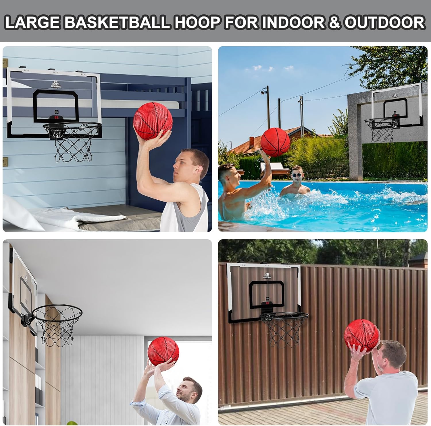 HYES 24" x 16" Large Basketball Hoop Indoor for Adults, Over The Door Basketball Hoop with Sturdy Backboard/Electronic Scoreboard, Basketball Toys Gifts Ideas for Man Kids Teens Boys Girls, Black