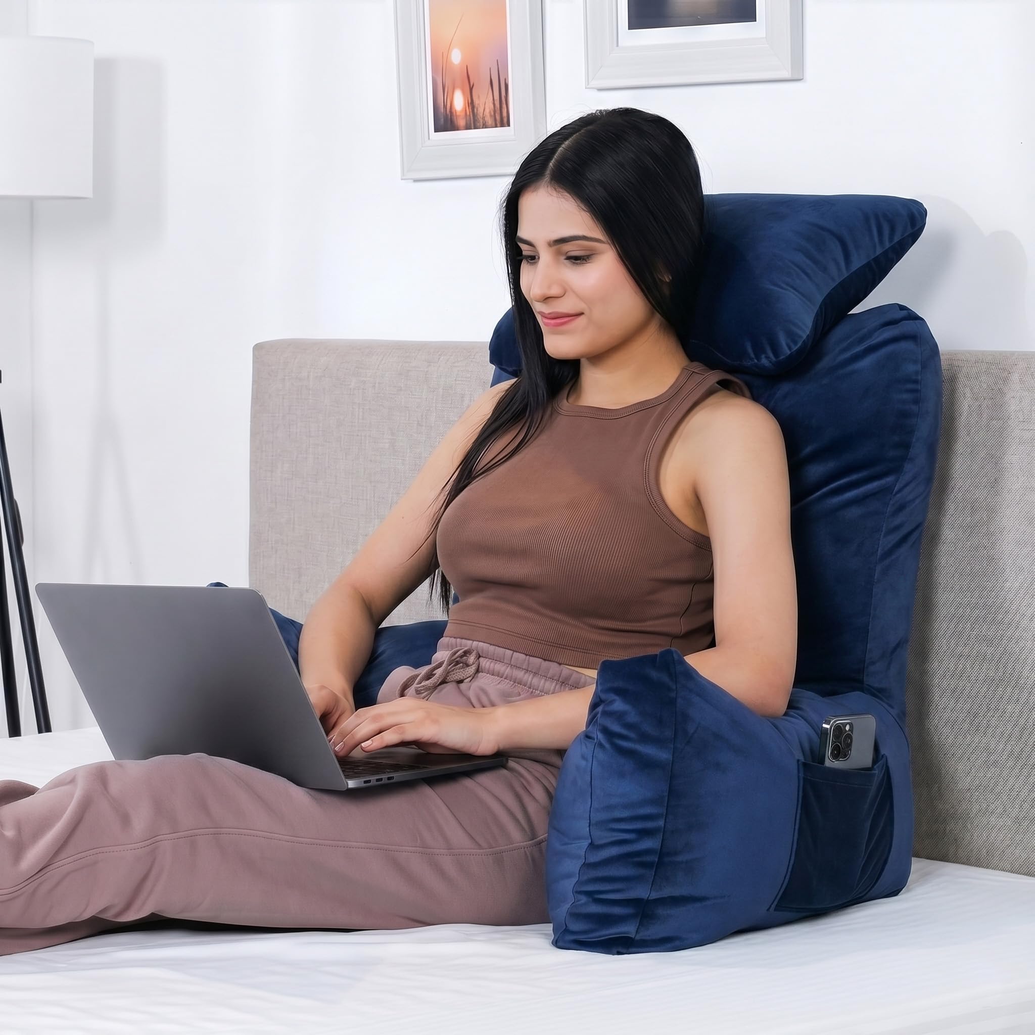MY ARMOR Backrest Pillow for Bed with Detachable Neck Rest & Support Arms, Soft Reading Pillow | Back Support Wedge Pillow for Working, Seating & Relaxing in Bed - Navy Blue-image-34