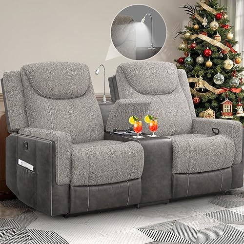 Loveseat Recliner Sofa, Manual Reclining Loveseat with Reading Light, Chic