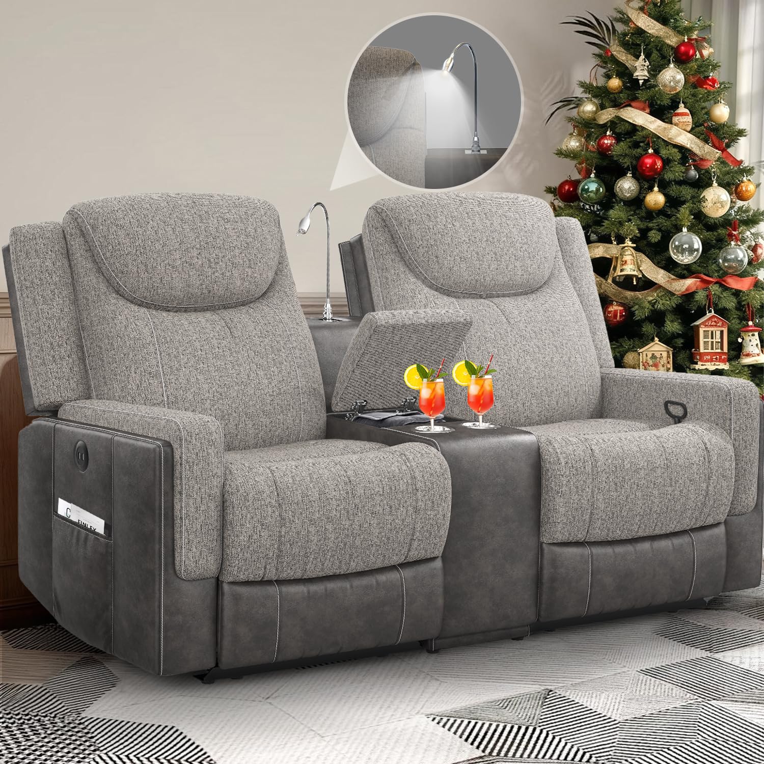 Dresegmt Loveseat Recliner Sofa, Manual Reclining Loveseat with Reading Light, Chic Blend Style Sofa, Storage Console, Cup Holders, USB Ports, Fabric & PU Leather, Recliner Couch for Living Room/RV
