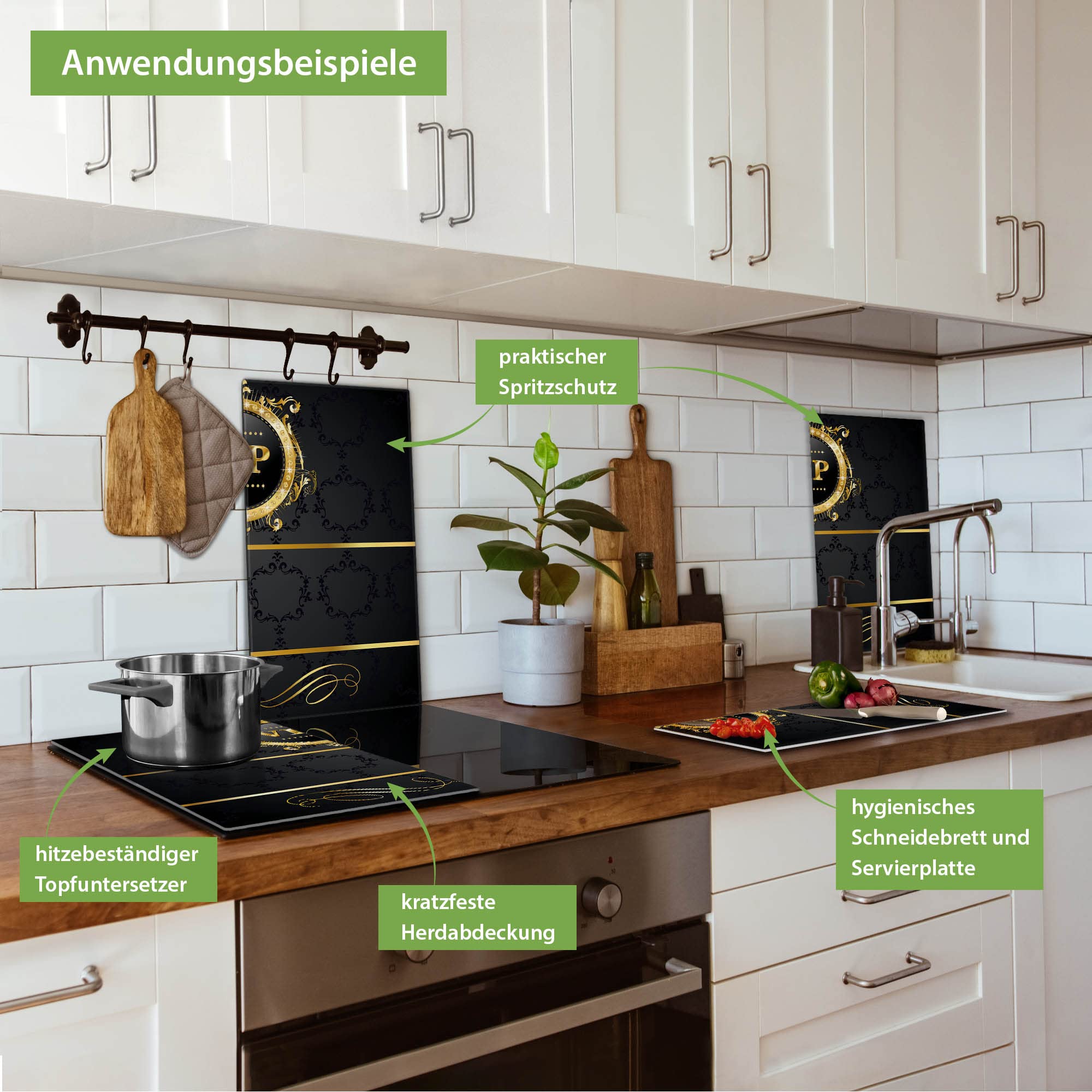 banjado Herdabdeckplatte Glas 2-teilig 60x52 cm, Ceranfeld Abdeckung und Schneidebrett Glas aus gehärtetem Glas, pflegeleichter moderner Look Abstrakt & Muster für Küchen mit Motiv VIP