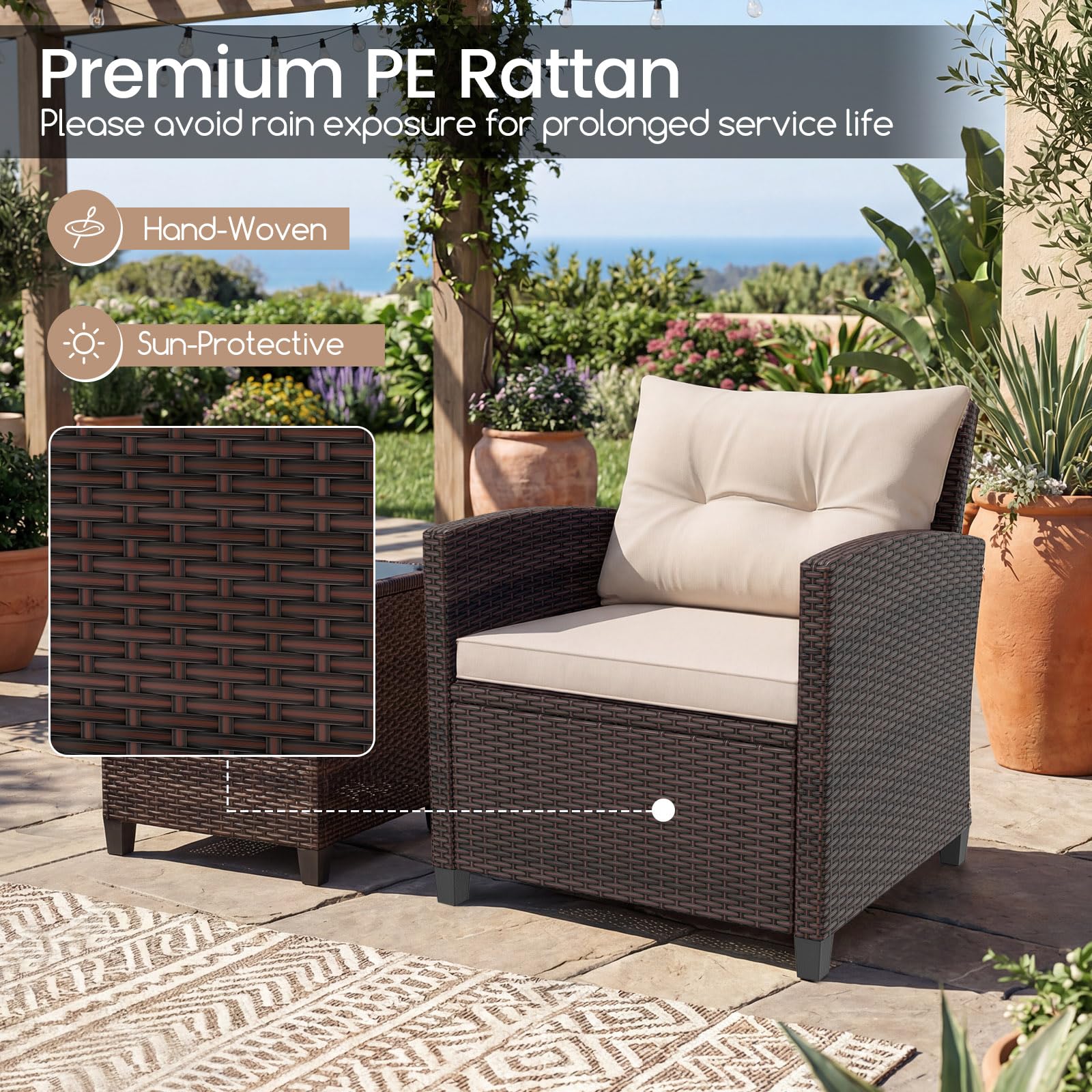 GIANTEX Salon de Jardin 2 Personnes en Rotin, Mobilier Jardin avec 2 Fauteuils, Coussins Amovibles, Table Basse Plateau en Verre Trempé, pour Balcon, Cour, Marron + Blanc