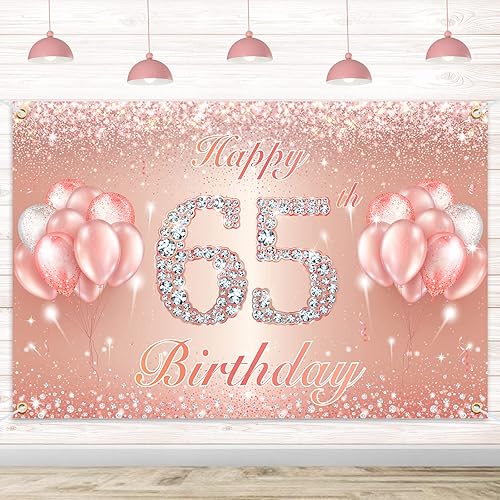 Fondo de pancarta de feliz cumpleaños número 65, suministros de decoración de fiesta de cumpleaños 65 para mujeres u hombres, oro rosa, 4 x 6 pies