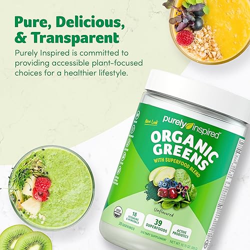 Miniatura 6 de Purely Inspired Organic Greens Powder Superfood Smoothie Mix, sin sabor (30 porciones)  Super Greens con probióticos, espirulina y clorella para la