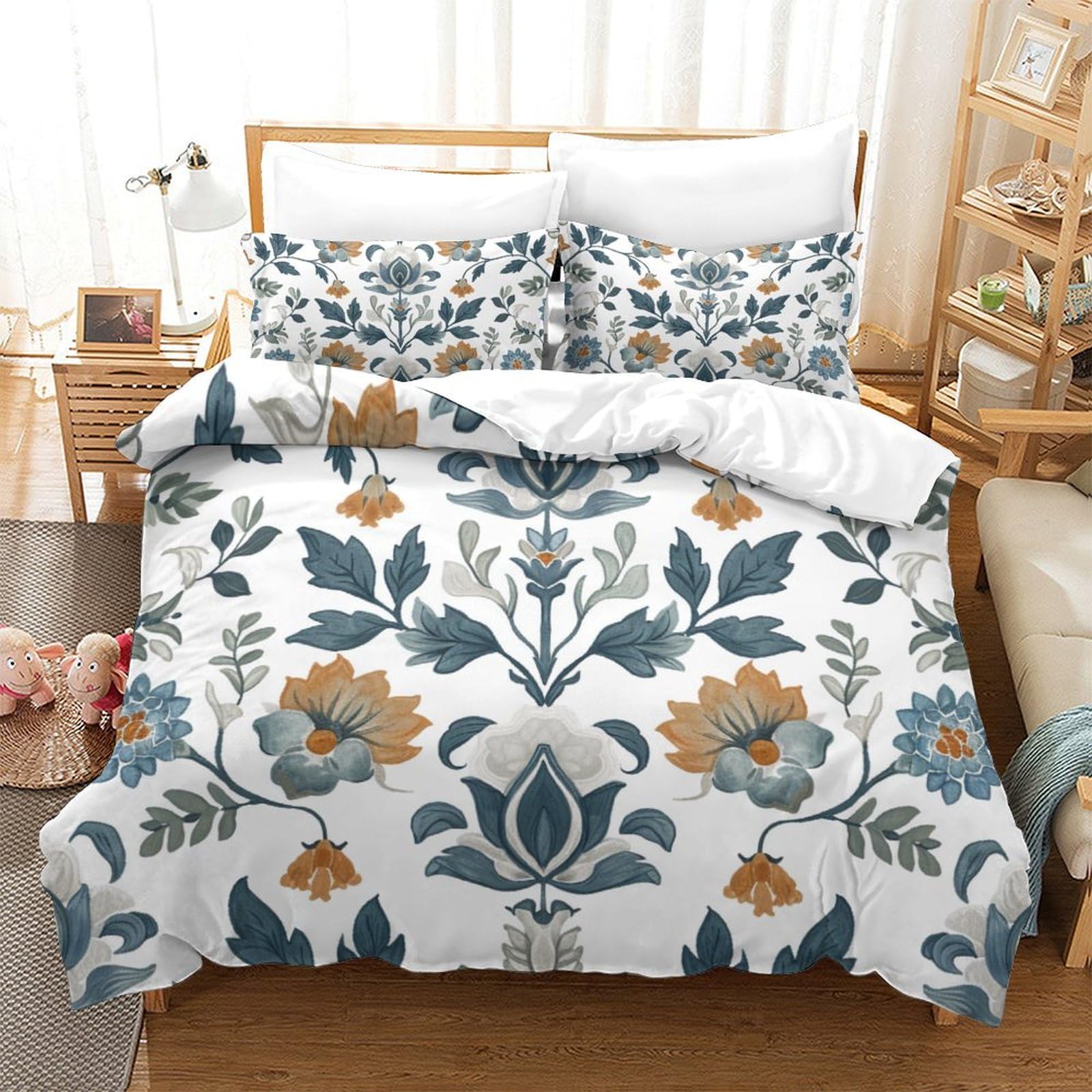 Housse de couette 260x220cm imprimé fleurs 3D avec zip pratique pour lit enfant et ado