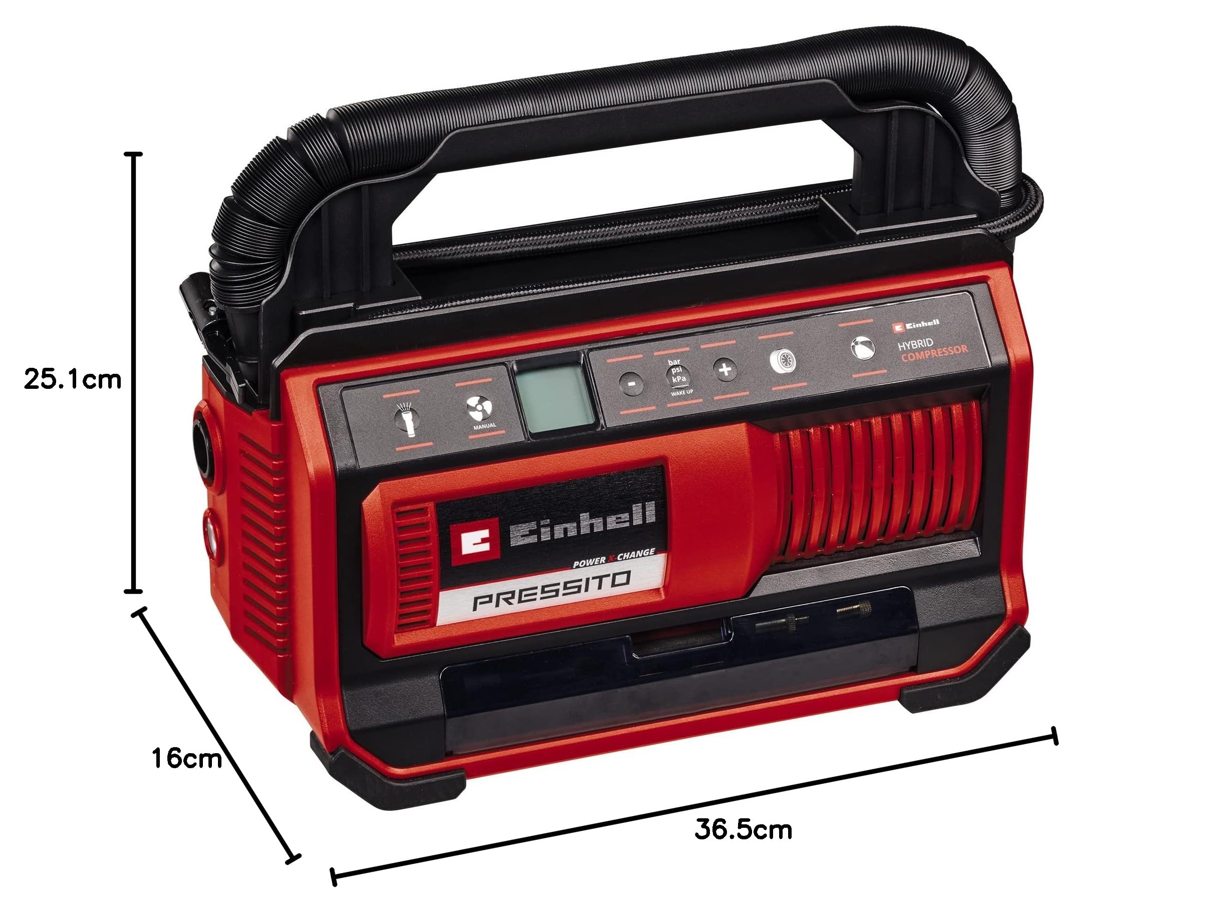 Einhell sprężarka hybrydowa PRESSITO 18/25 Hybrid Power X-Change (18 V, praca z kablem zasilającym lub akumulatorem, maks. 11 bar, w tym 4-częściowy zestaw adapterów i 2 węże, bez akumulatora)