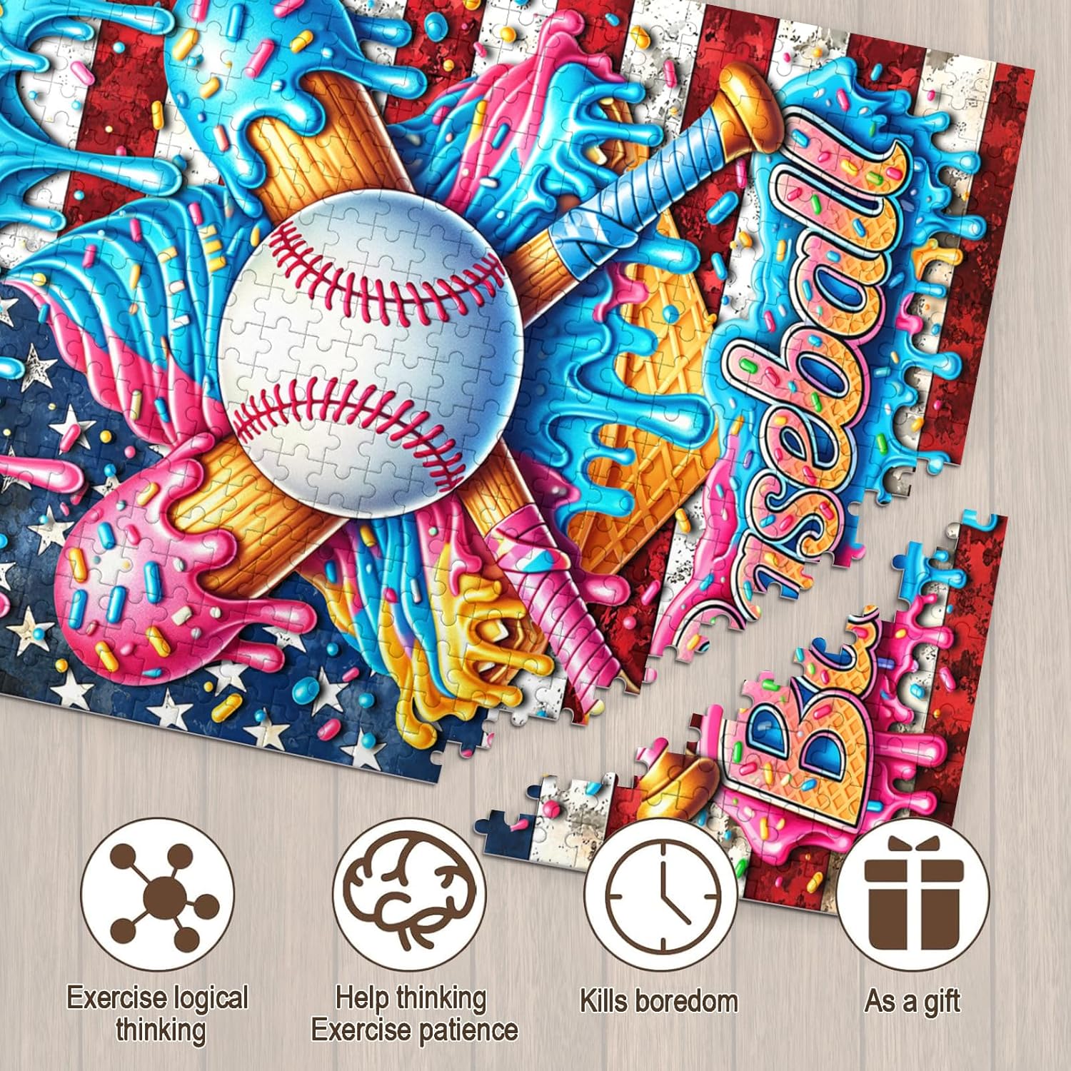 Baseball Puzzle for Adults 500 Pieces Colorful Baseball Jigsaw Puzzles Graffiti Sports Balls Wooden Puzzles Sports Puzzle for Men Women Challenging Friends Family Activity Fun Game Home Decor