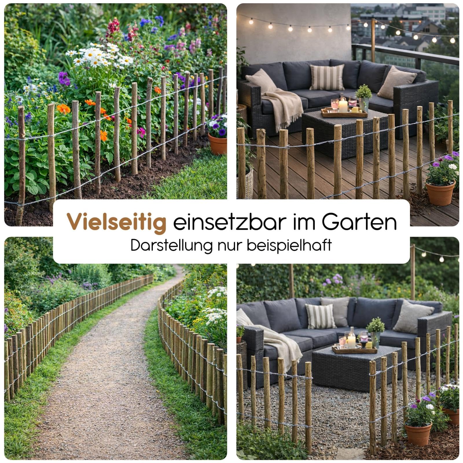 BOOGARDI Mini Gartenzaun Holz · Staketenzaun in 6 Größen · Beeteinfassung 50 cm hoch x 300 cm lang (Lattenabstand 7-9cm) · Garten Beetumrandung Steckzaun · Kleiner Zaun zum Stecken