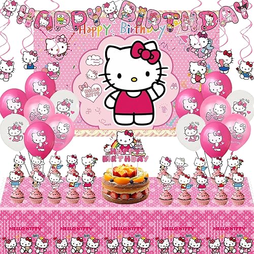 Suministros para fiesta de cumpleaños de gatitos, decoraciones de fiesta de color rosa con texto en inglés Happy Birthday, globos, telón de fondo,