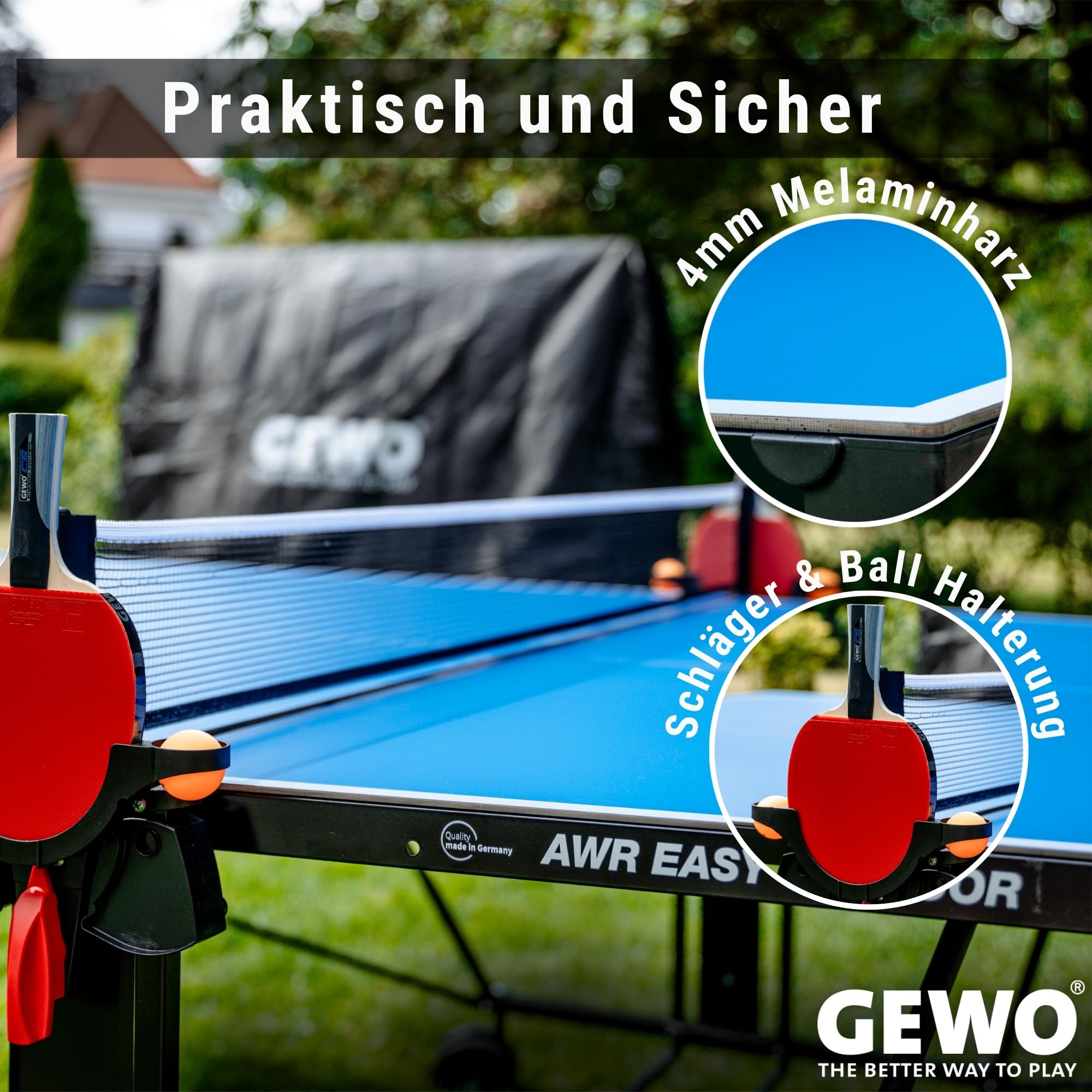 GEWO AWR Tischtennisplatte Outdoor – Wetterfest & klappbar – Melaminharz – ITTF Turniergröße – Mit Netz, Schläger & Bällen – Tischtennistisch - Made in Germany