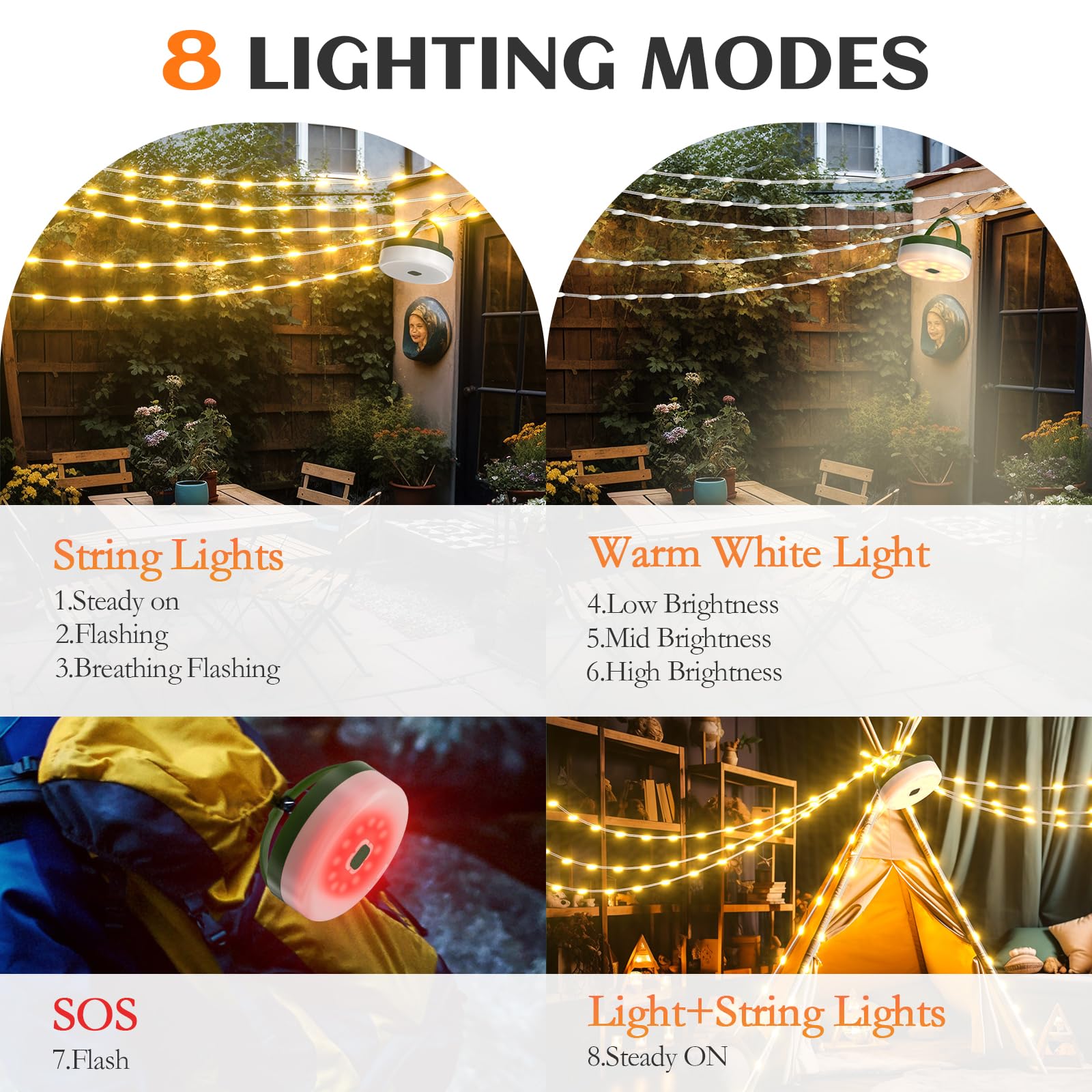 Yizhet Catena Luminosa da Campeggio 2 in 1, 10M Stringa di Luci da Campeggio Avvolgibile Bianco Caldo di 3 Modalità, Ricaricabile USB e Impermeabile IPX4 per Giardino Esterno