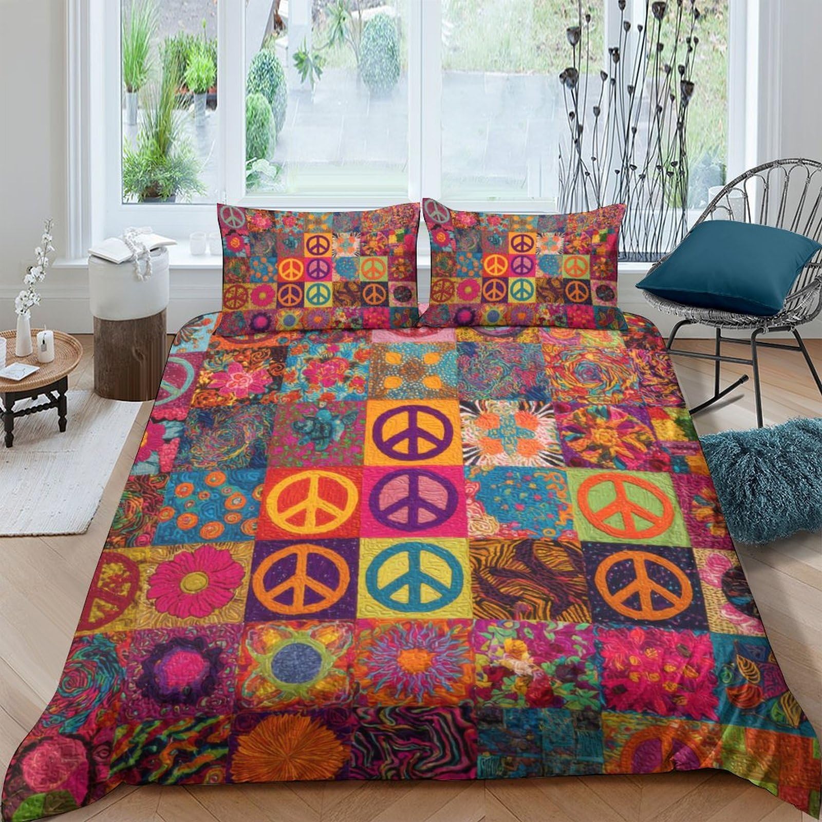 Ctjqhvkz Style-3 3D Printed Colorful Peace Symbol Fitted Sheet Microfiber Soft Vibrant Hippie Mosaic Bed Cover For Bedroom Guest Room Decor Single（135X200cm）