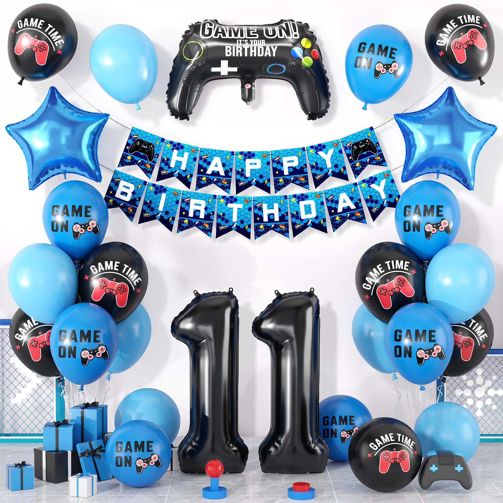 11th Birthday Decorations for Boys, Video Game Party Balloons Blue Black — image 1