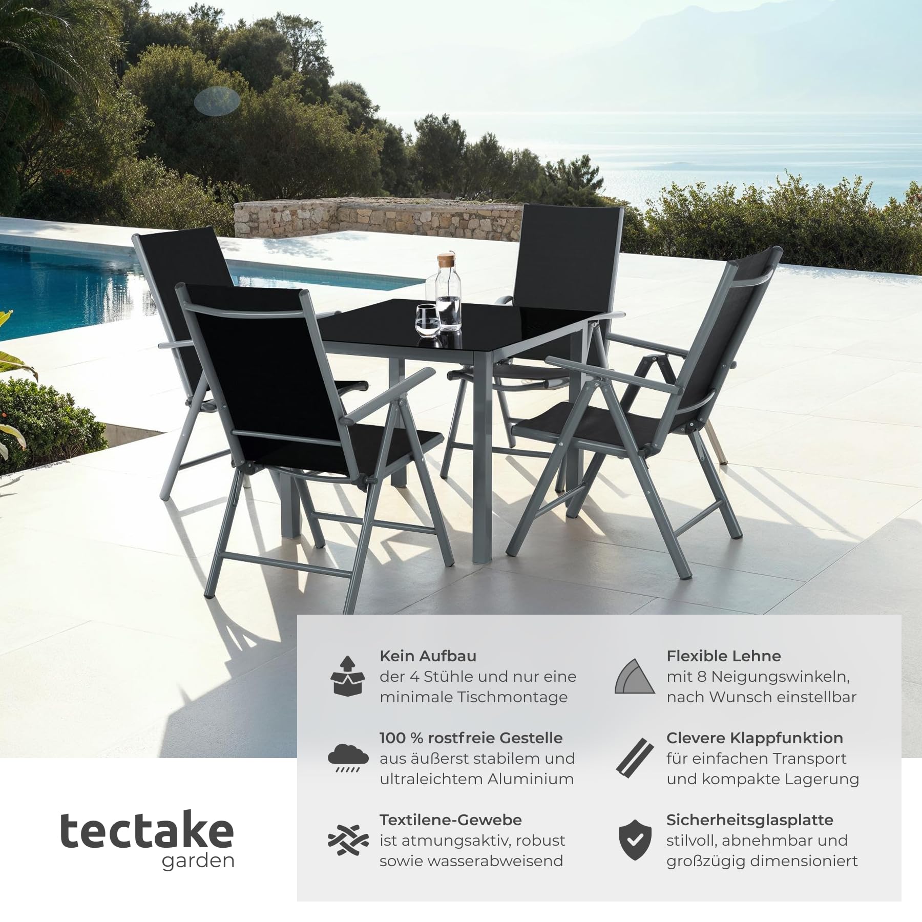 tectake® Gartenmöbel Set mit Tisch und 4 klappbaren Stühlen mit Verstellbarer Rückenlehne, Aluminium Gartenmöbel 4+1, Sicherheitsglas Tischplatte, Gartentisch mit Stühlen, wetterfest - anthrazit