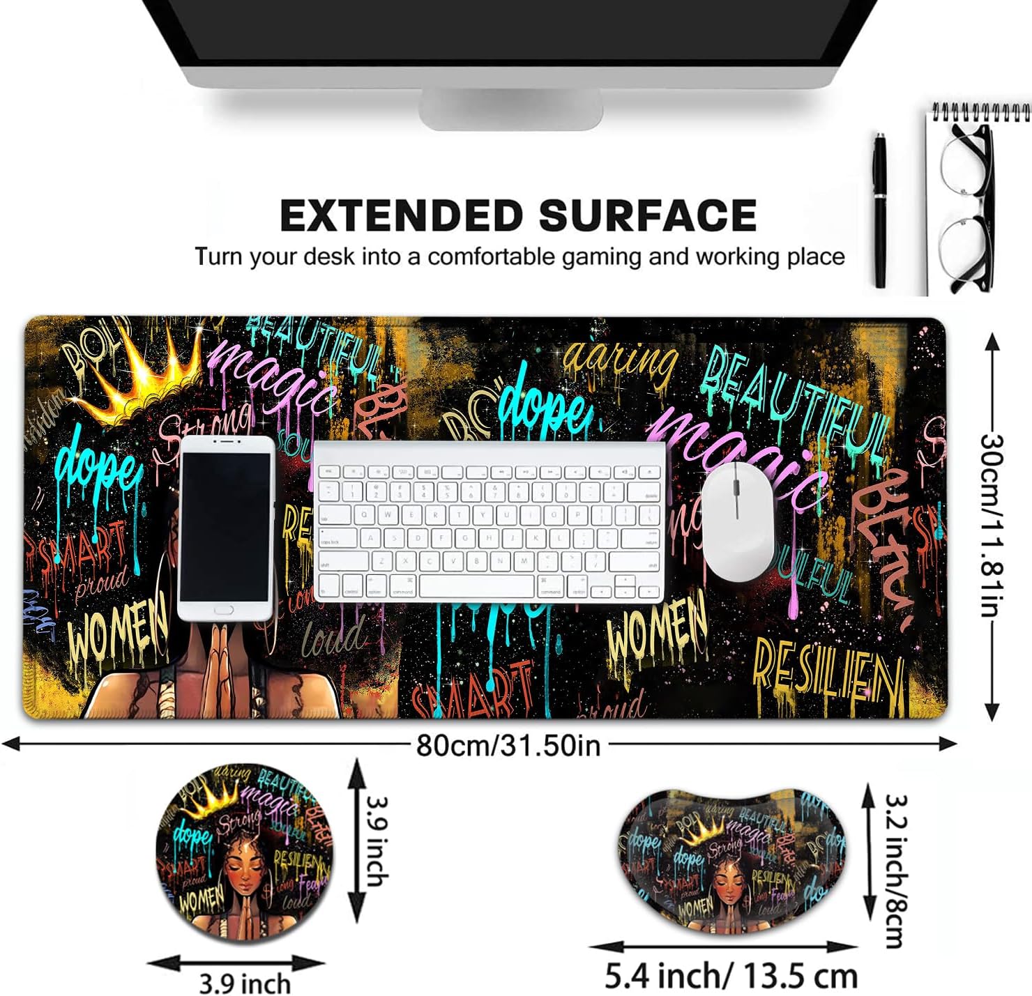 Large Mouse Pad with Mouse Wrist Rest, 31.5x11.8 in Extended Mouse Mat, Ergonomic Memory Foam Wrist Rest, for Work & Gaming Writing Pad, African American Black Women Graffiti Girl Office Desk Pad