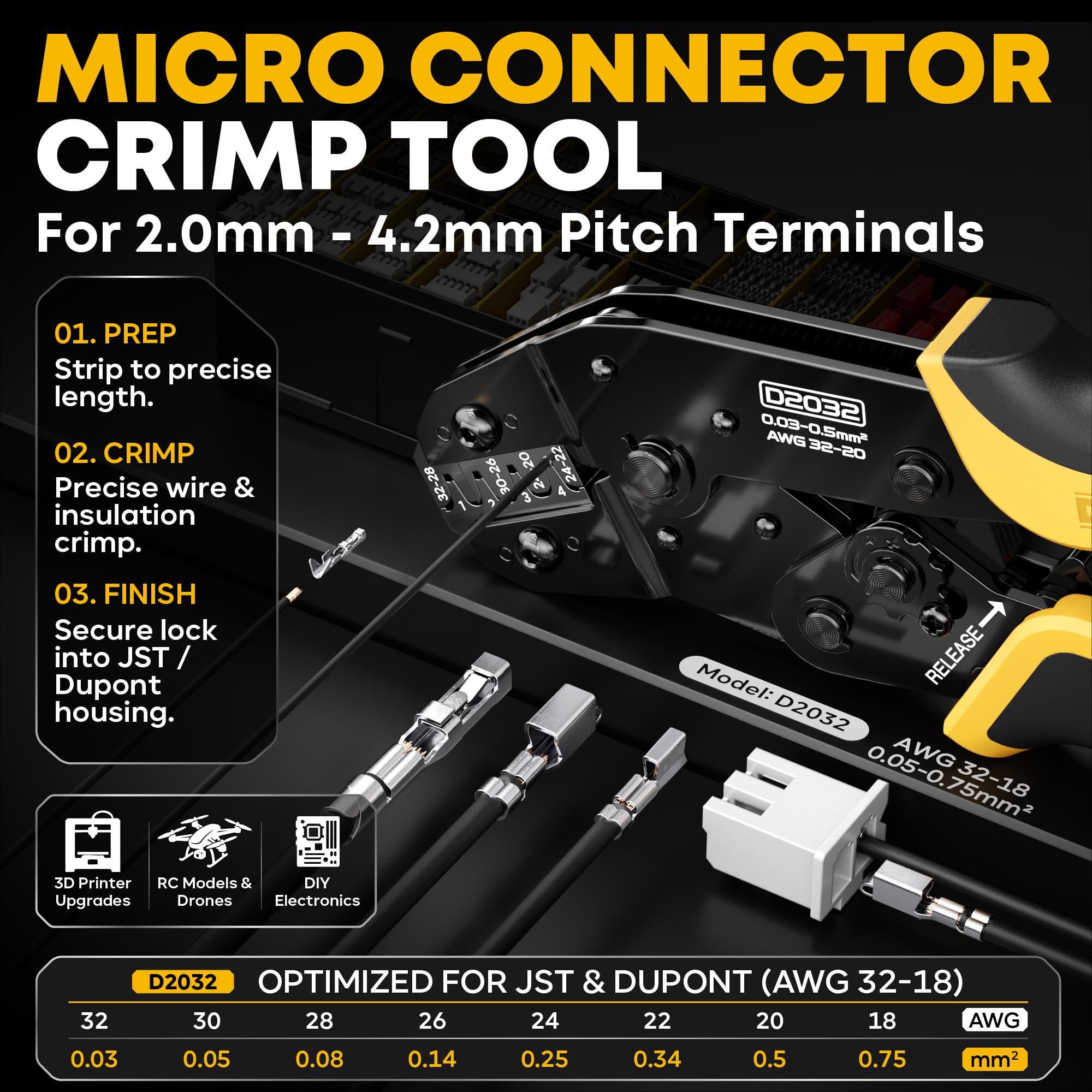 Juego de conectores servo JST-XH/SYP/Dupont, Kit de crimpado 20 tipos, 0,03-0,5mm² (30-20AWG), Compatible Futaba Hitec Spektrum RC
