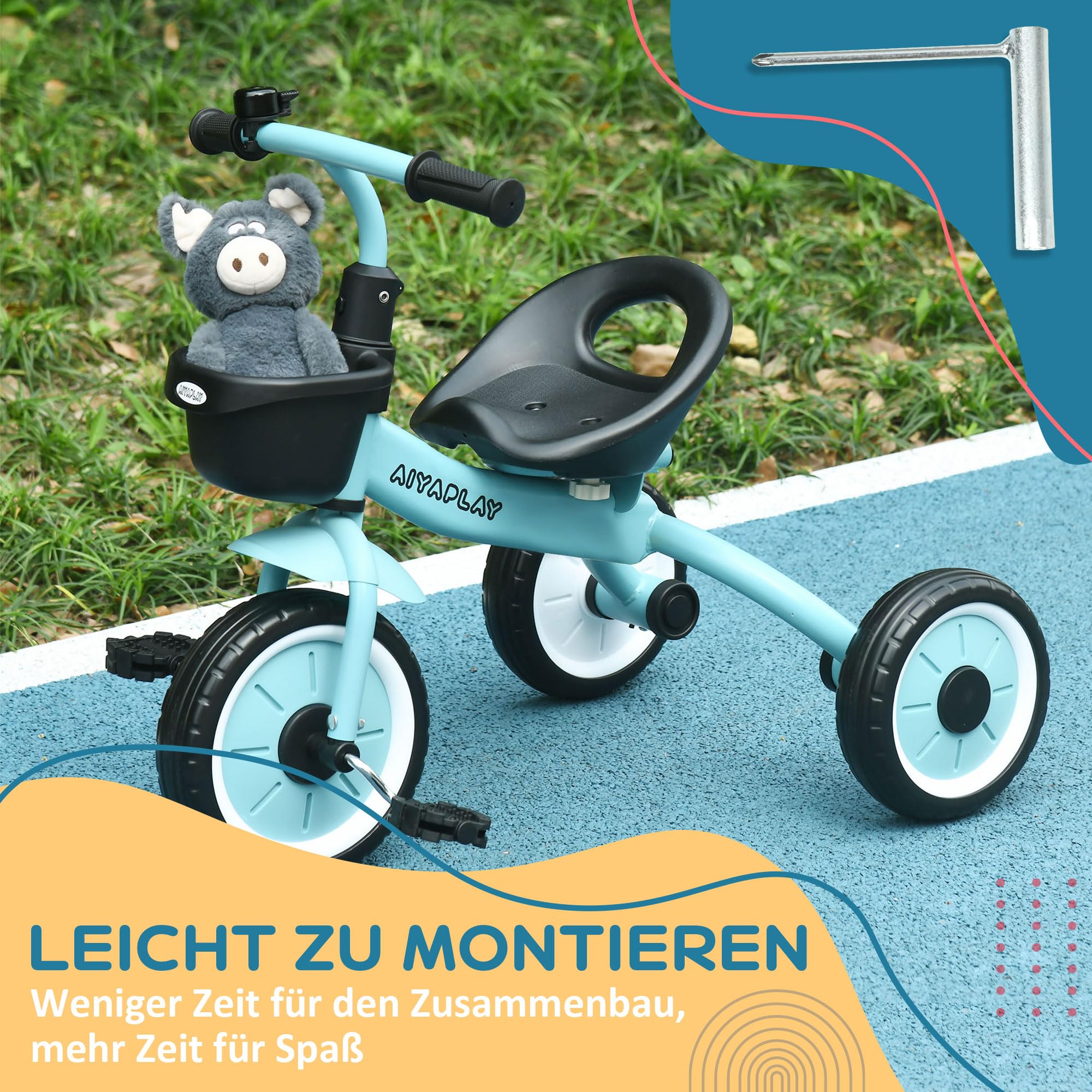 AIYAPLAY Dreirad Kinderdreirad mit Verstellbarer Sitz, Fahrradkorb, Klingel, Pedalen Kleinkind Dreirad für 2-5-Jahre Blau