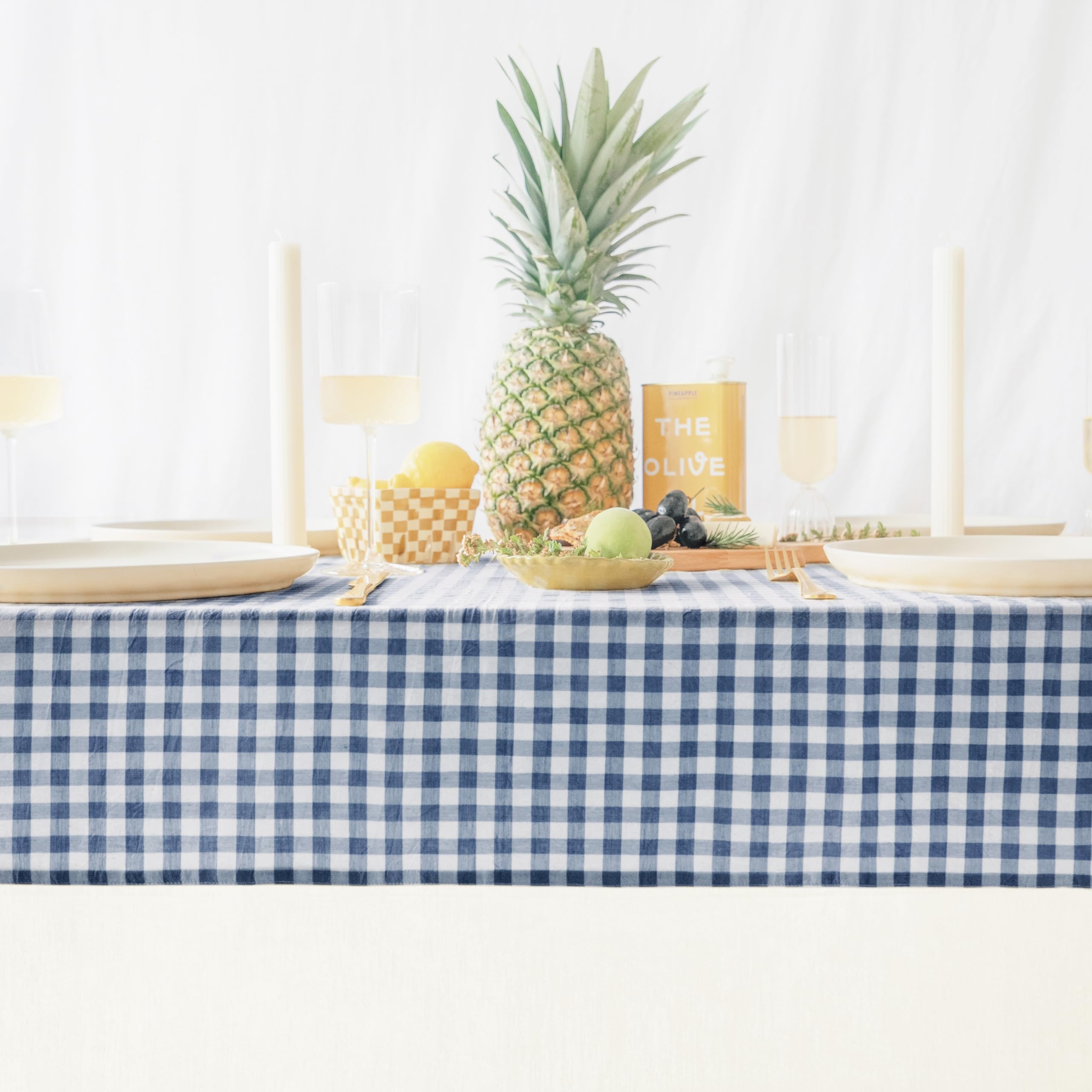 MONDAY MOOSE Gingham Checkered Farmhouse Rustic Picnic Style Decoration Rectangle Natural Stonewashed Cotton Tablecloth for Kitchen, Dining Room, Restaurant (55x70 inch, Blue/White) - 2
