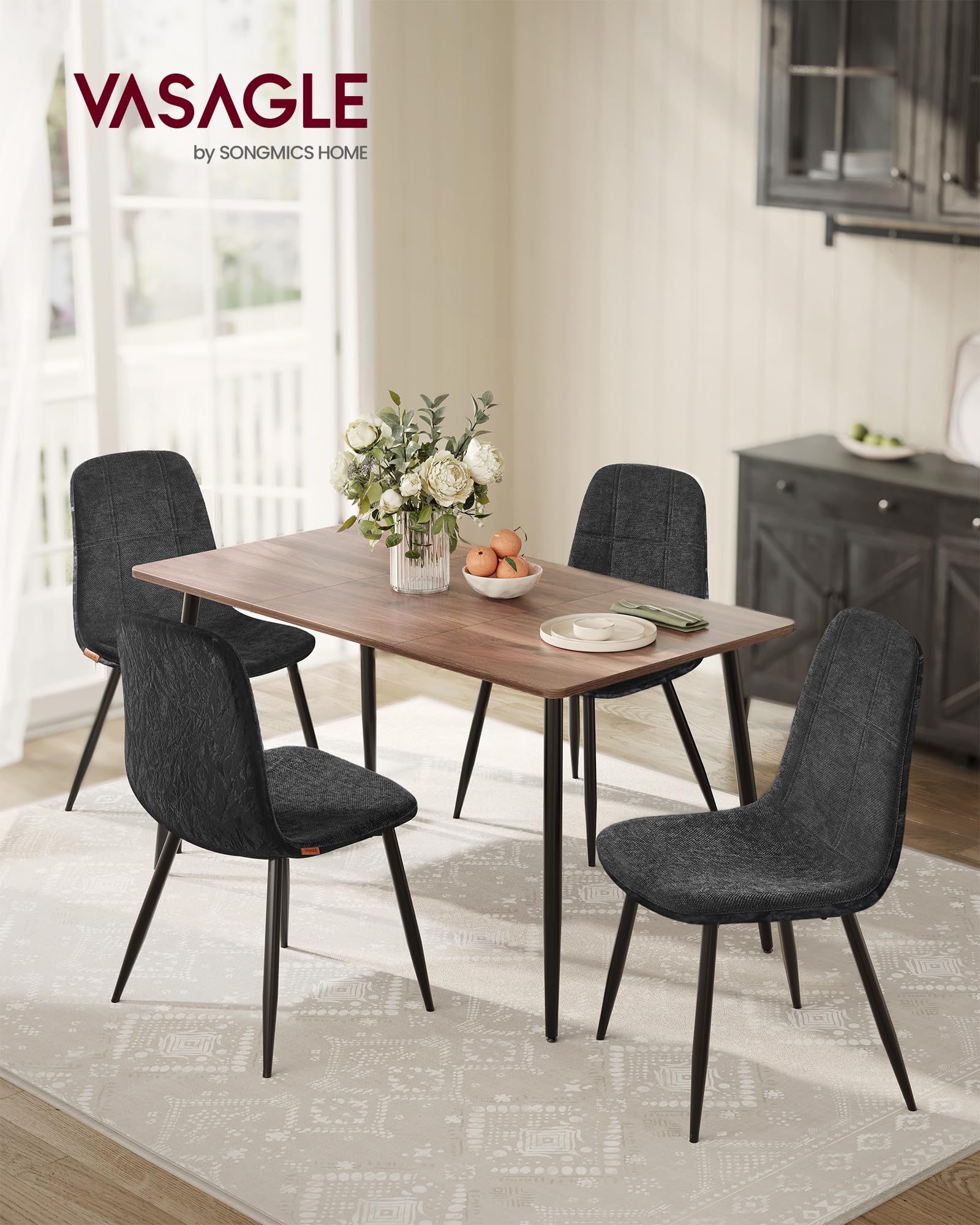 VASAGLE Sedie da Pranzo, Set di 4, Struttura in Metallo, Piedini Regolabili, Facile da pulire, Sedie Imbottite da Cucina, Tessuto Ciniglia, PU con Motivi di Ghiacciai, Grigio Ardesia KDC188G01