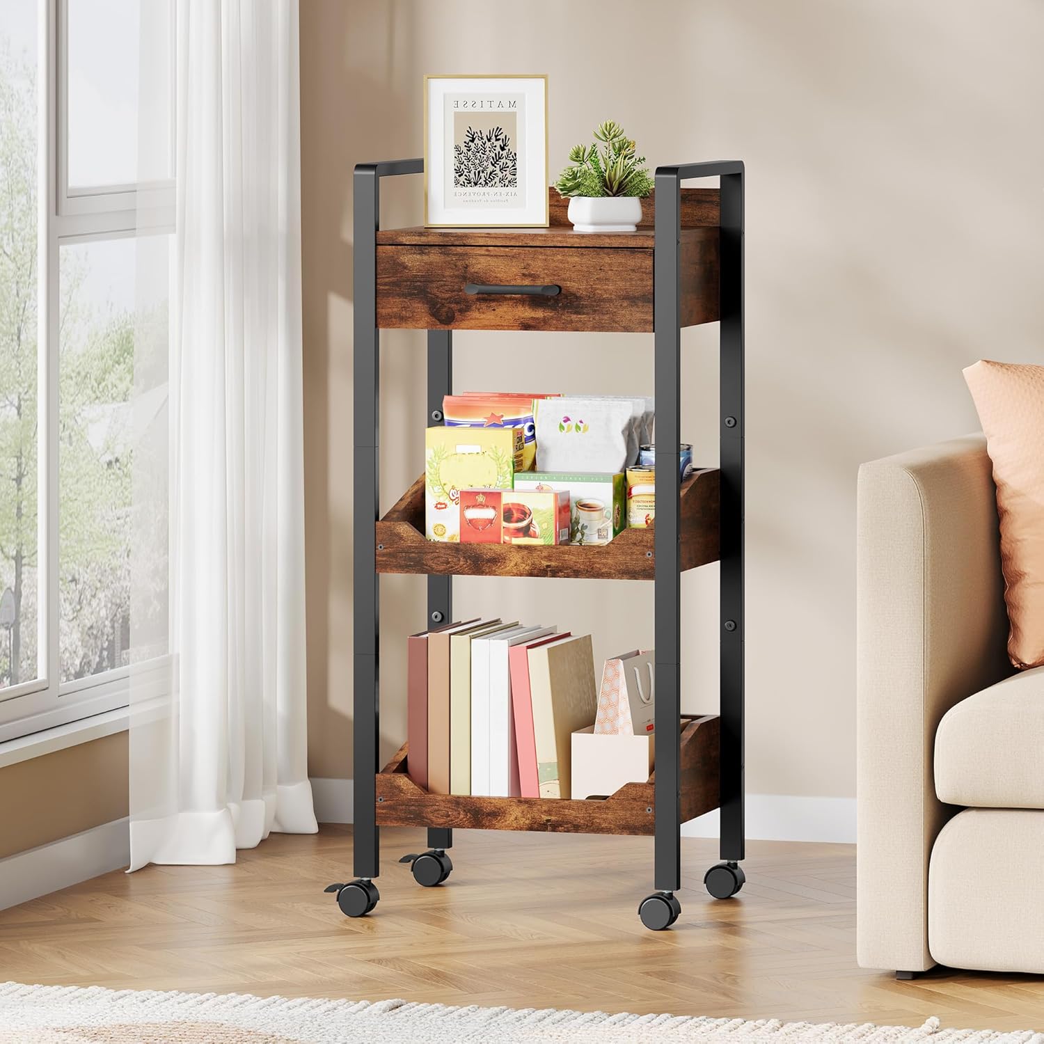 Hoctieon 3-Tier Rolling Storage Cart with Drawer, Rolling Utility Cart Organizer, Mobile Shelving Unit with Wheels, Metal Frame, Kitchen Utility Cart for Small Space, Office, Bathroom, Rustic Brown