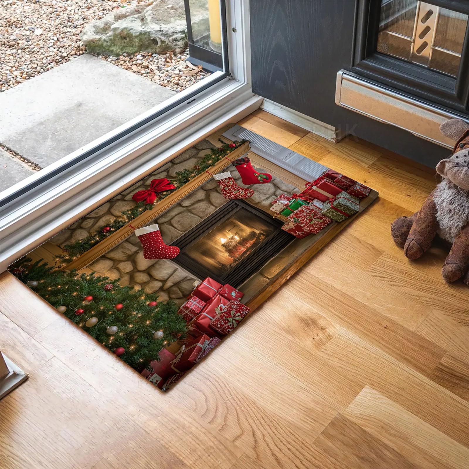 Fußmatte mit Weihnachtsmotiv,Weihnachtskamin rote Weihnachtsstrumpf-Elemente rutschfeste Unterseite Bodenfußmatte,Für Innen Außen Dekor, 80 x 120 cm