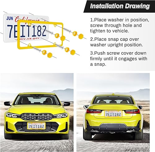 Miniatura 4 de alpmosn - 2 marcos de placa de acero inoxidable, 4 agujeros, cubiertas para placa de automóvil con tornillos, arandelas y tapas, para vehículos