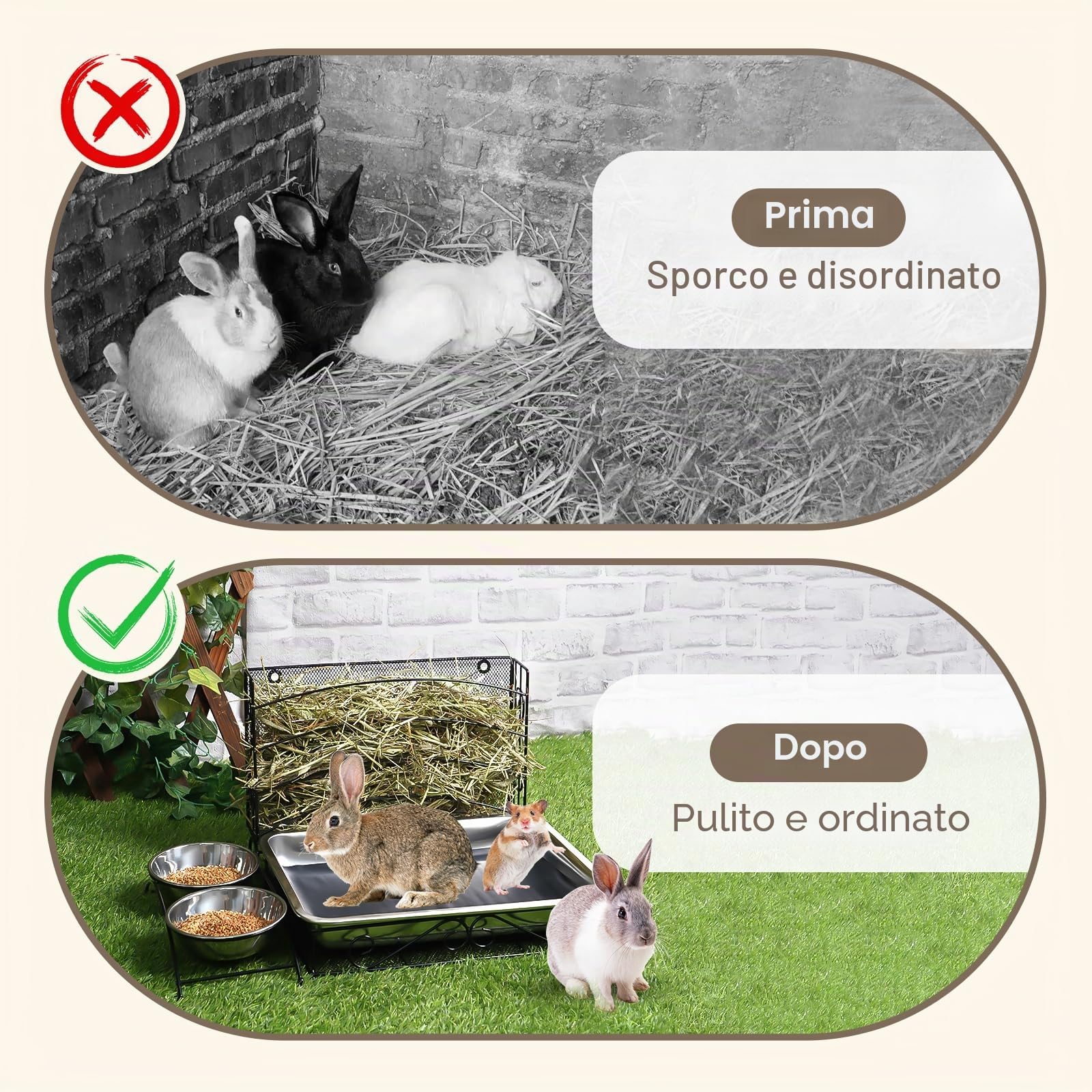 Mangiatoia 3 in 1 per coniglio con lettiera in acciaio inox e 2 ciotole per animali domestici, grattugia, per piccoli animali domestici, conigli, criceti, porcellini d'India