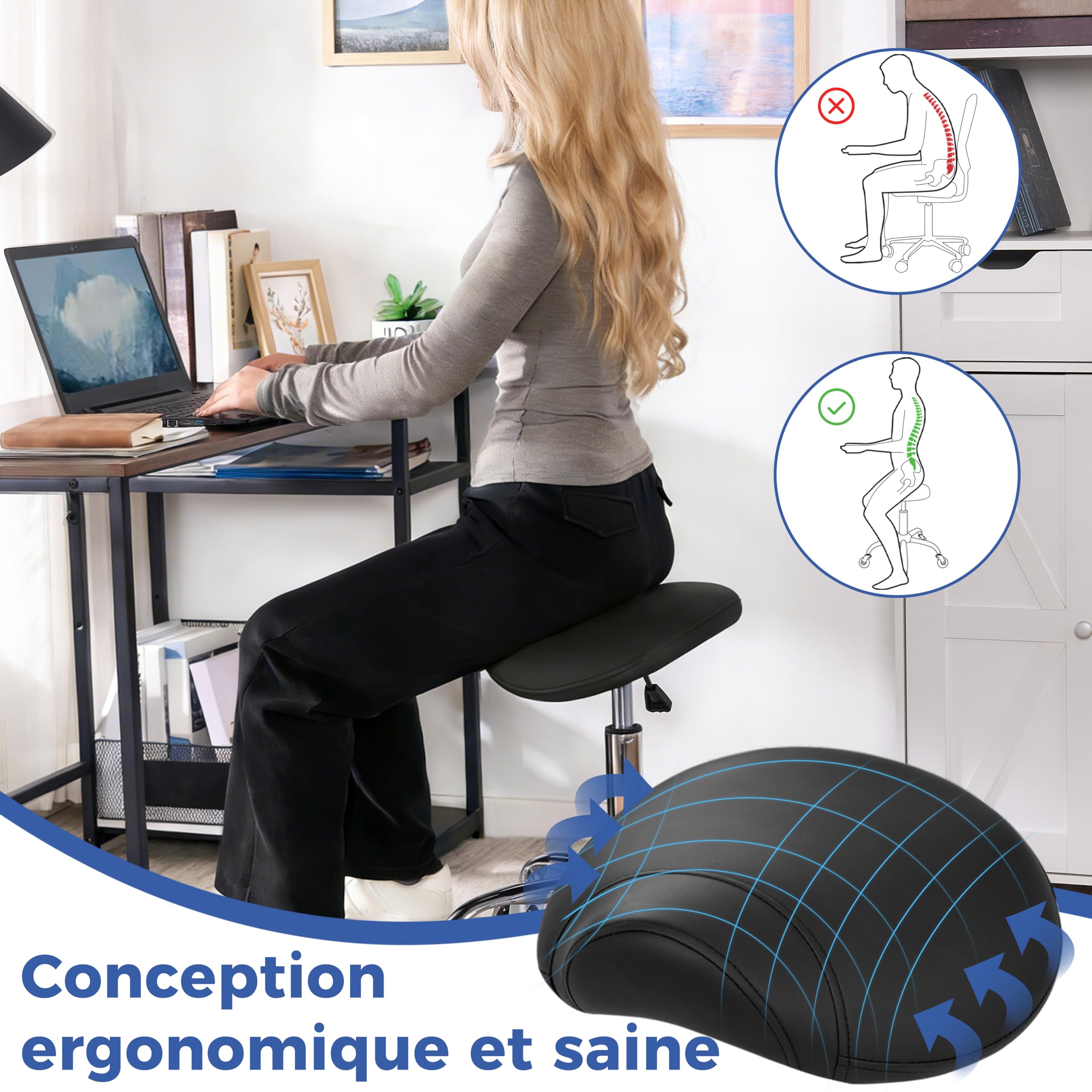 ANWBROAD Tabouret à roulettes pivotant à 360° roulettes Réglable en Hauteur Tabouret Selle de Cheval Ergonomique Cuir épais Assise Large pour Salons de Beauté, Salon, Massage, Clinique Noir WSS001B