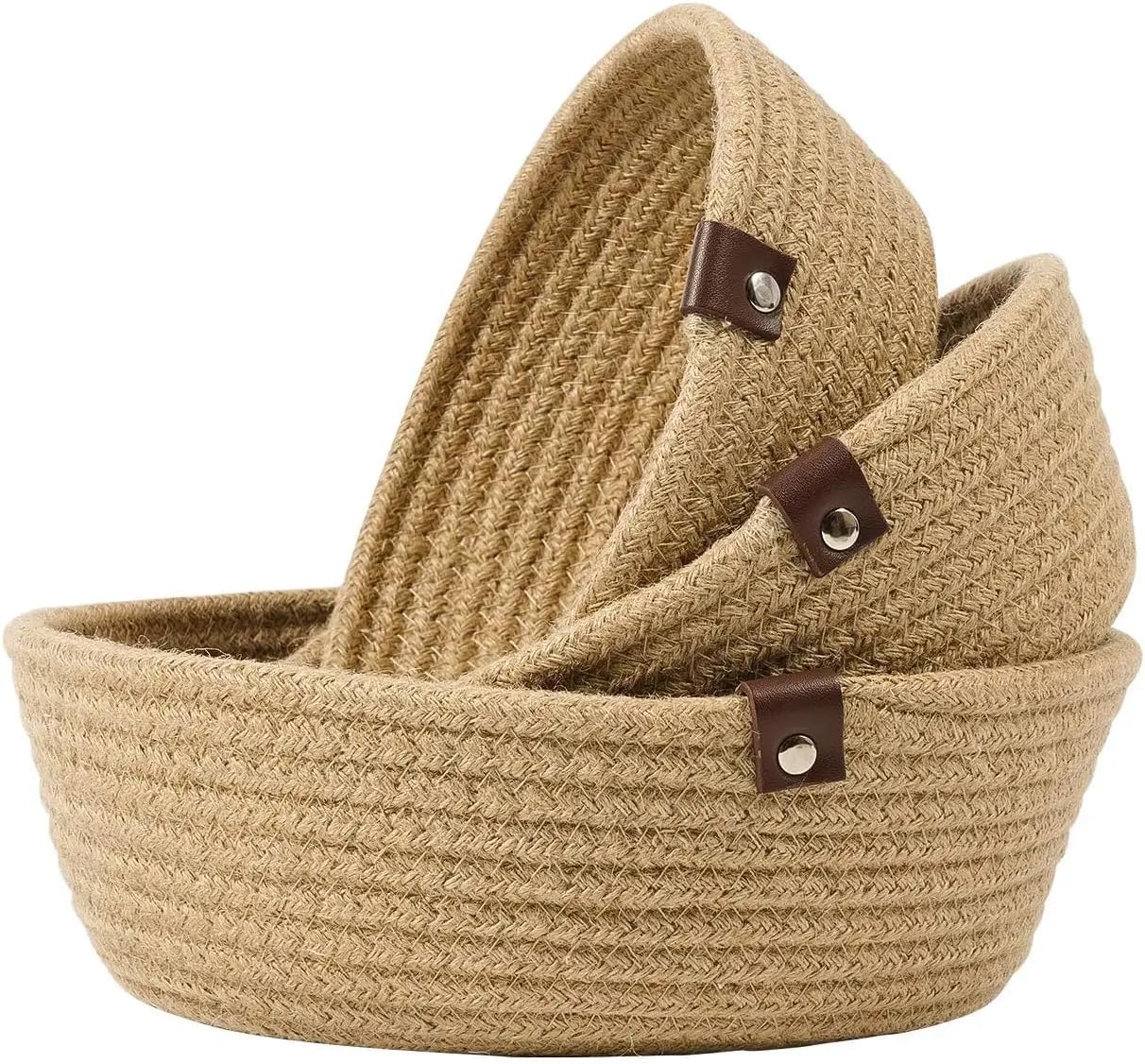 Handwoven Jute Rope Storage Basket Set of 3, Rectangular, Natural Finish, with Leather Handles, for Storage and Organisation (Beige)