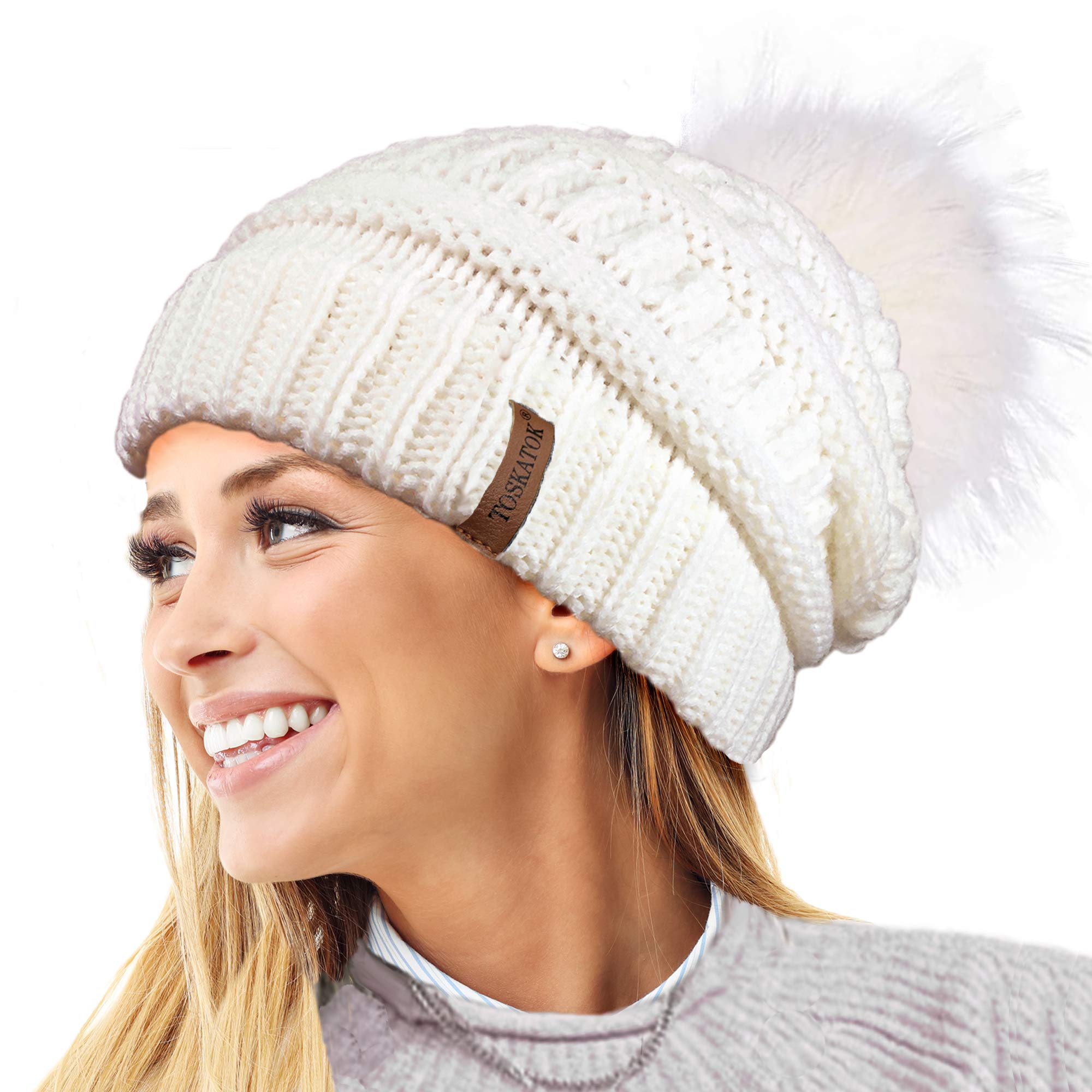 Toskatok Women's Cream Toskatok® Textured Knit Beanie Hat With Detachable Faux Fur Pom Pom
