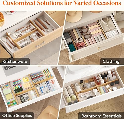 Miniatura 7 de Lifewit Paquete de 6 separadores de cajones de bambú de 2.4 pulgadas de alto, organizadores de cajones ajustables de 12 a 17 pulgadas para ropa,