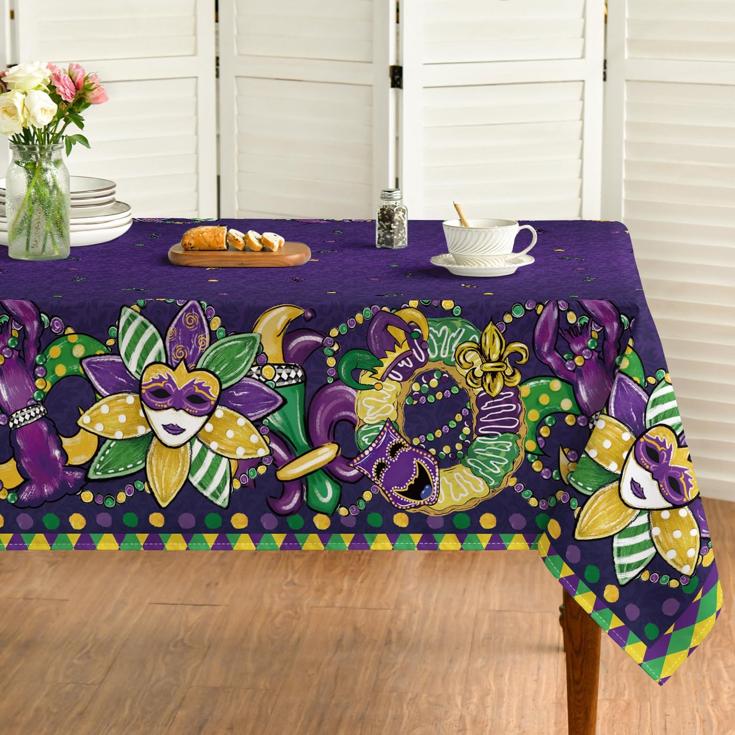 Horaldaily Mardi Gras Purple Tablecloth 60×140 Inch Rectangular, Purple Mask Donut Masquerade Party, Washable Seasonal Table Cover for Picnic Dinner Decor