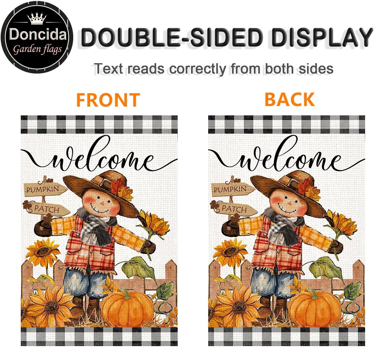 Doncida Welcome Fall Scarecrow Garden Flag 12x18 Inch Double Sided Burlap Pumpkin Patch Sunflower Small Thanksgiving Yard Flag for Outside Decoration - Image 2