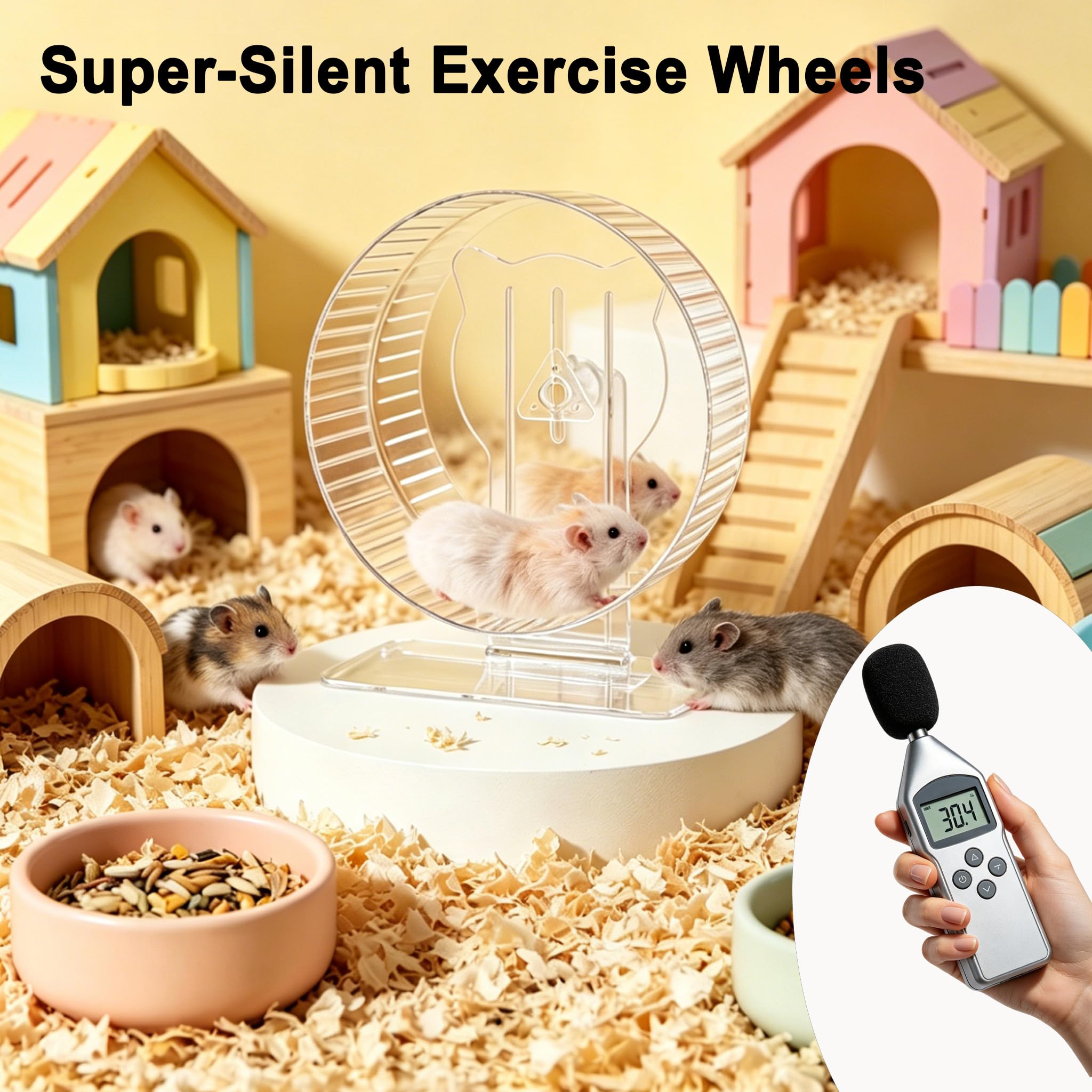 Roue silencieuse pour hamster 20,6 cm, roue de course silencieuse avec support réglable et rail antidérapant – Accessoire idéal pour cage de petits animaux pour hamsters gerbilles souris