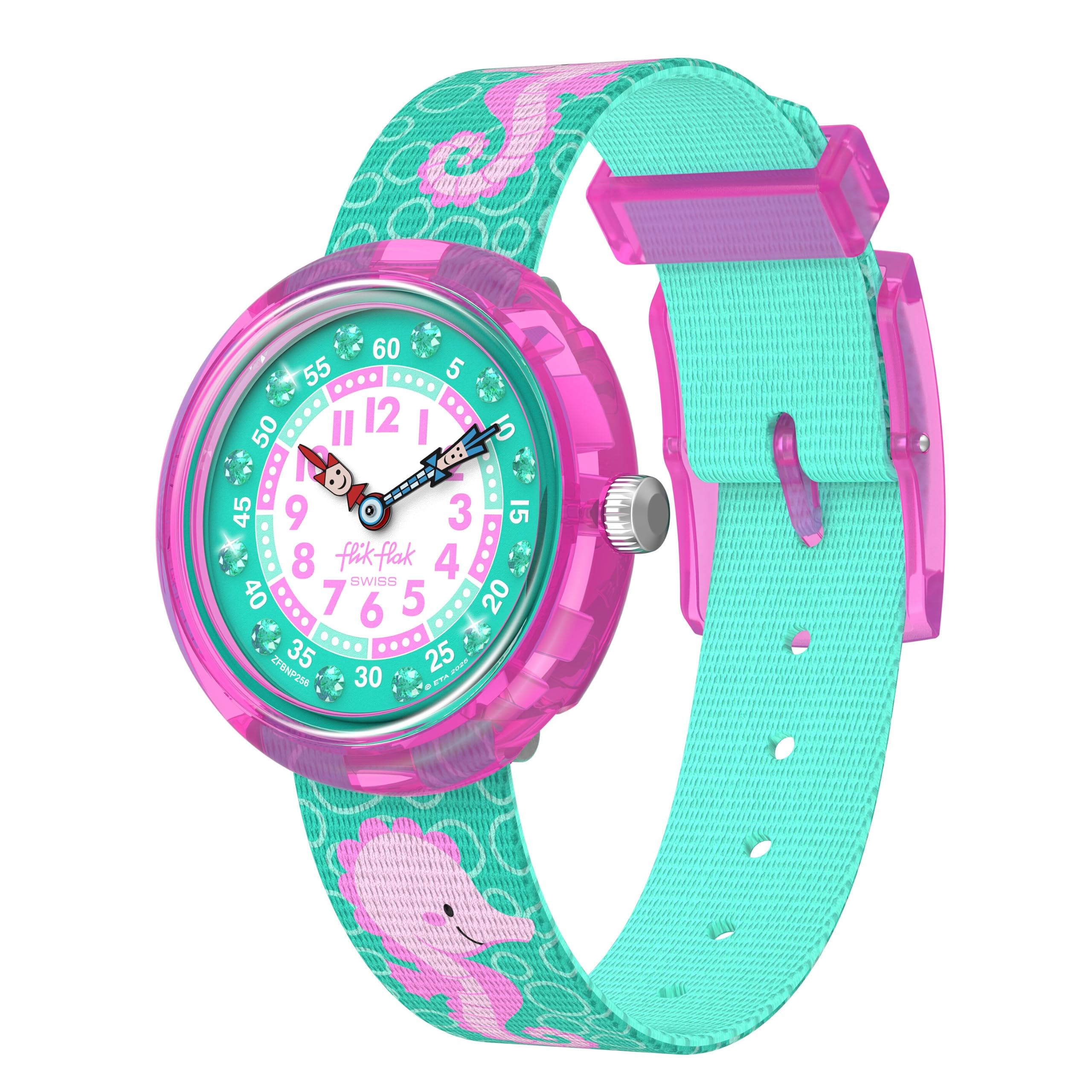 Flik Flak Mädchen-Armbanduhr für Kinder, lässig, grün, Bioquelle, Quarz, wasserdicht, sprudelndes Seepferdchen