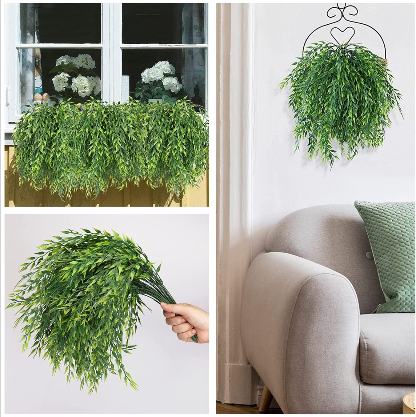 Artificial Weeping Willow Plants, Fake Hanging Vines Decor Plastic Greenery Leaves Faux Ivy for Home Indoor Outdoor Garden Door Wall DIY Basket Planter Filler Wedding Party Decorations Green - 8 Pack