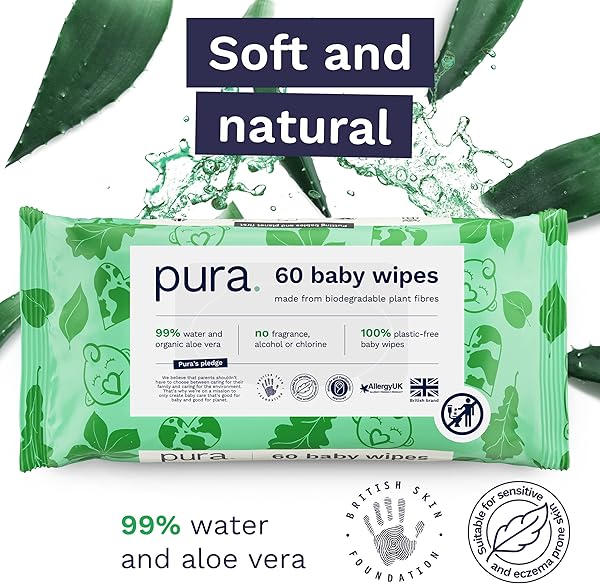 Pura Eco Friendly Baby Wipes, 99% Water, 100% Plastic Free, Biodegradable, Compostable, Vegan, Suitable for Sensitive, Eczema Prone and Newborn Skin, Vegan, 1 Pack of 60 Water Based Wet Wipes - 5