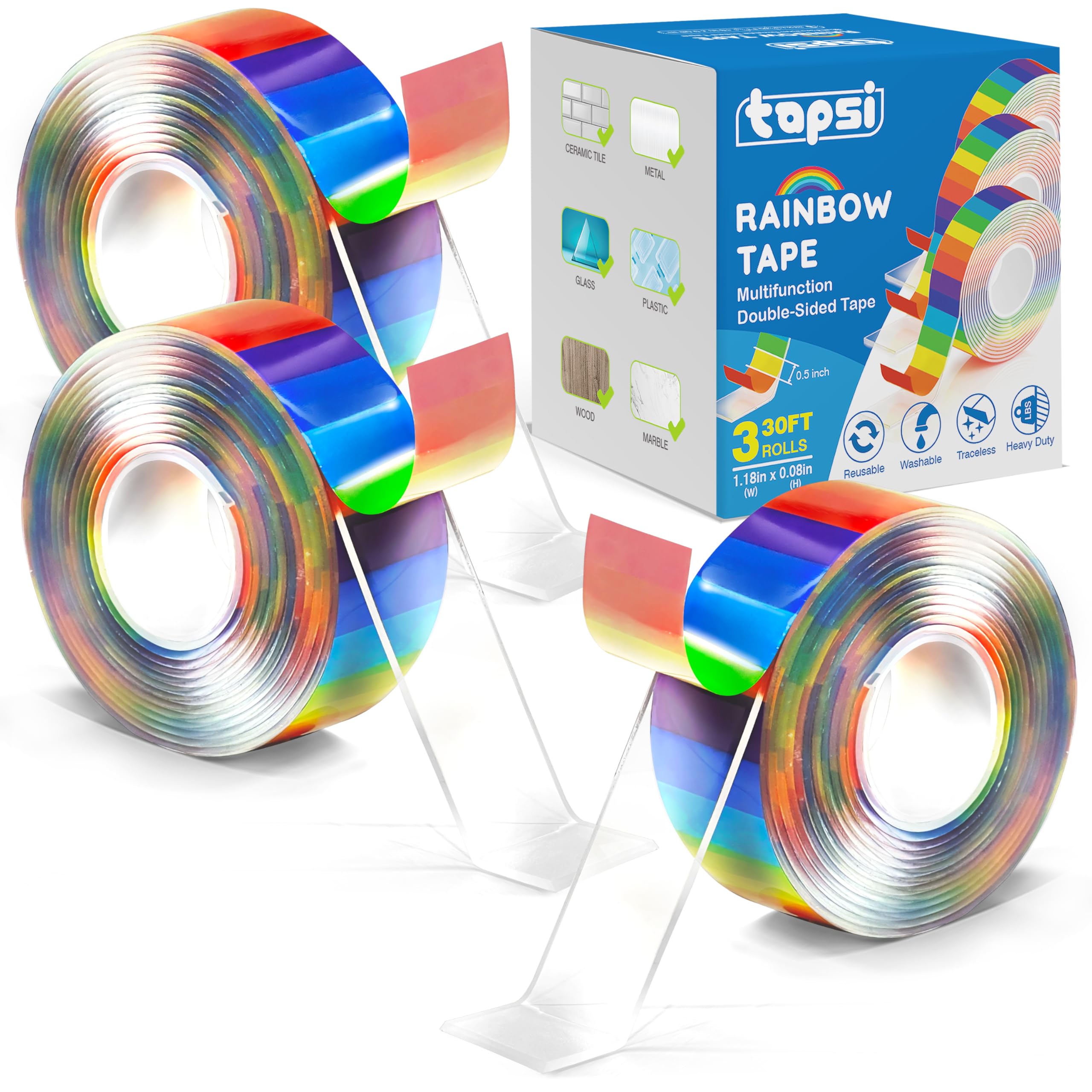 Tapsi Heavy Duty Double-Sided Nano Tape - 3 Rolls, 30FT Total (1.18" x 120" Each) - Removable, Strong Transparent Hanging Strips for Mounting Picture Frames, Photos, Posters, Carpets, and Home Décor