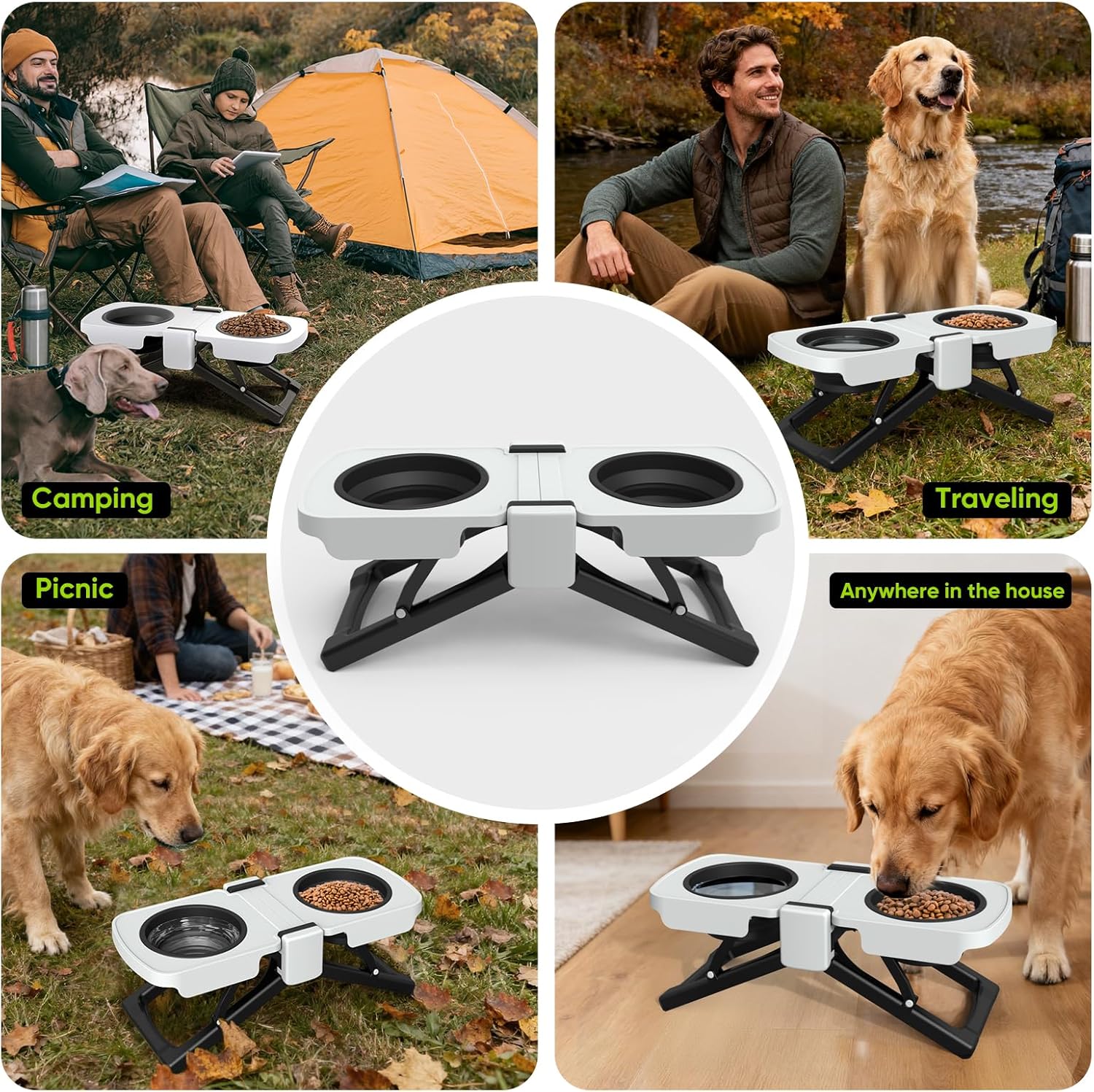Elevated Dog Bowls Stand, Portable Travel Dog Bowls with Collapsible Silicone Double Diner Bowl, 5 Cups Capacity Food and Water Bowl with No Spill Edge Non-Slip Stand,Ideal for Medium & Large Dogs