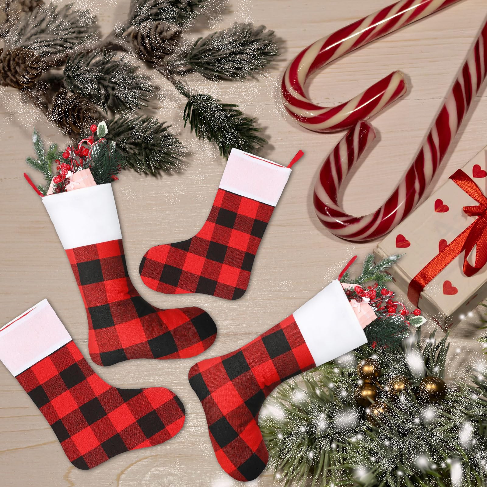 12 calze natalizie a quadri di bufalo, calze natalizie da appendere, decorazioni natalizie a quadri, per feste di Natale in famiglia, feste di Natale, bianco e nero (nero, rosso, 45 pollici)