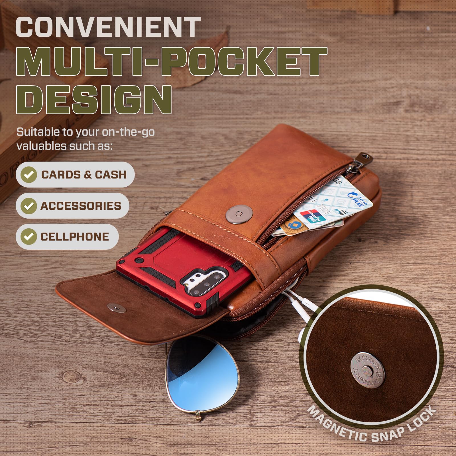 Cuero Genuino Bolsa para móvil, Bolsa de Cinturón, Funda Movil Cinturon para Hombre, Fundón de Teléfono, Bolso Cintura con Presilla