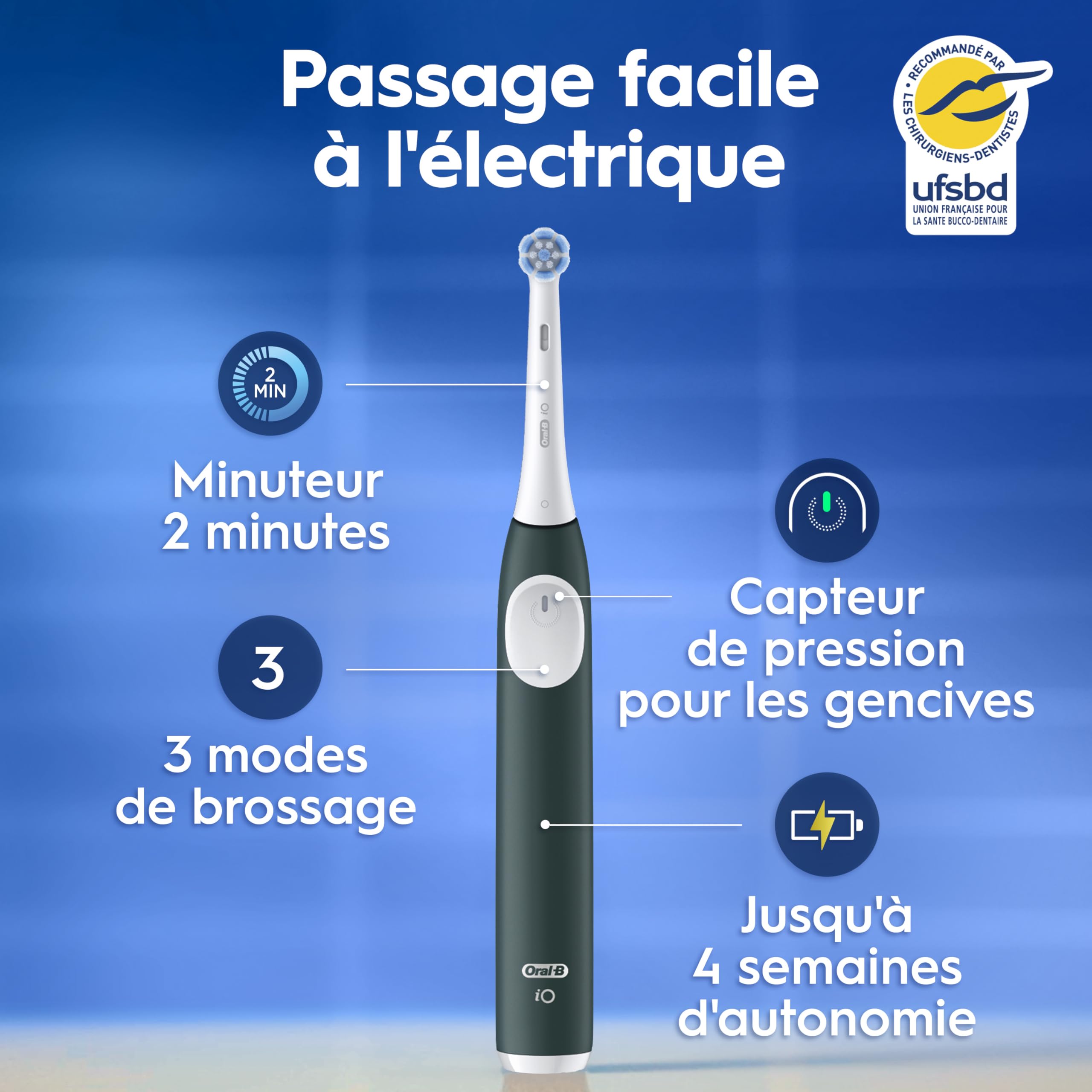 Oral-B Brosse à Dents Electrique iO 2 avec 1 Brossette de Rechange, Vert Forêt – 3 Modes de Brossage dont Douceur, Capteur de Pression sur les Gencives, Batterie Rechargeable, Silencieuse, avec Etui
