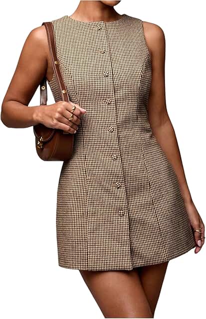 SOLY HUX Women's Plaid Button Down Dress Crew Neck Sleeveless Tie Back W...