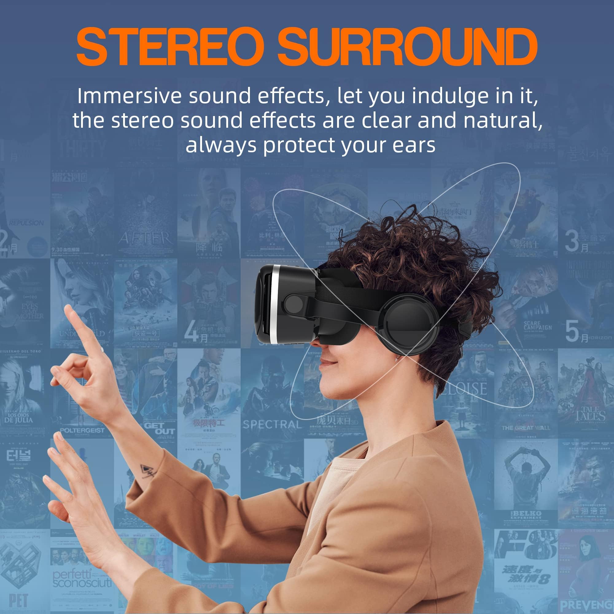 Casque VR HD Lunettes 3D avec Écouteurs Hi-Fi Intégrés pour Téléphone Android iPhone 4,7-6,6 Pouces
