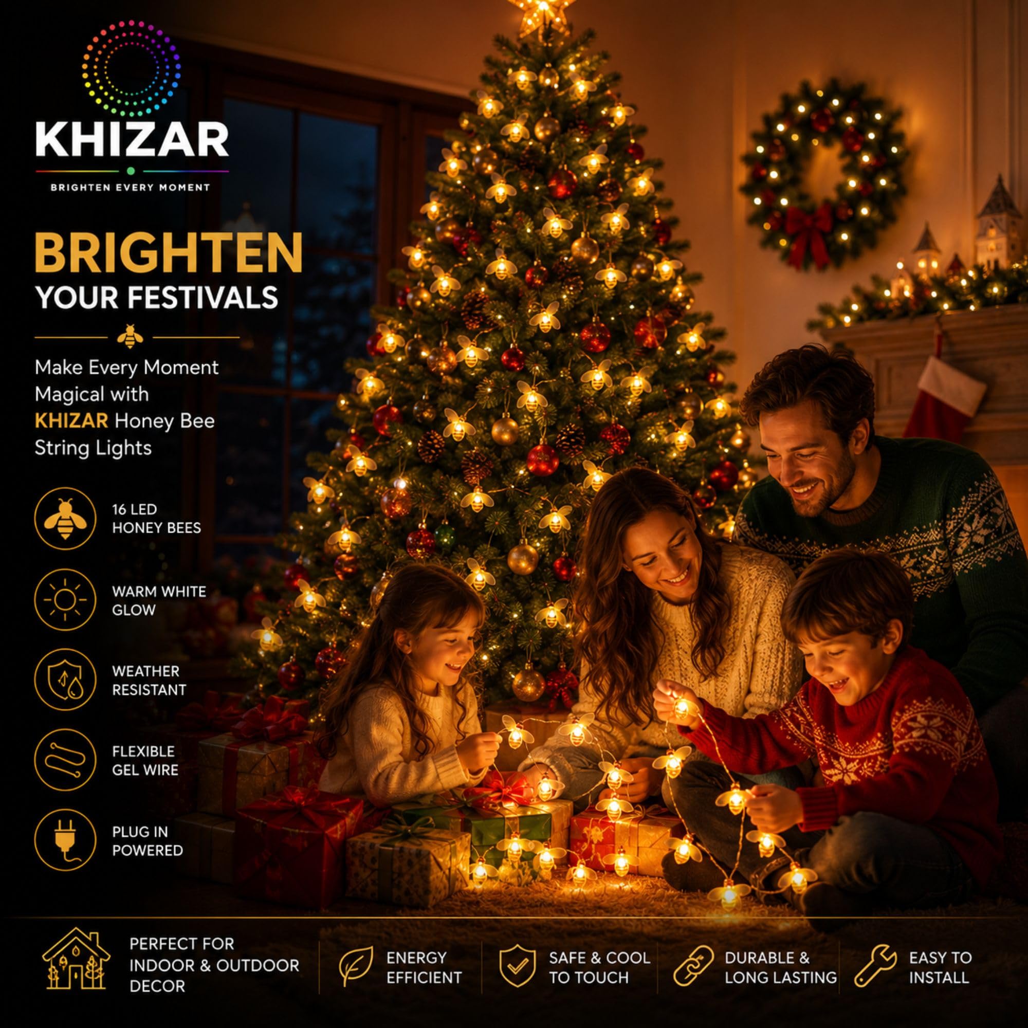 KHIZAR 16 LED Honey Bee String Lights Plug in, Warm White Decorative Fairy Lights for Bedroom, Balcony, Wall, Garden, Diwali, Christmas, Wedding, Party & Home Decor, Flexible Gel Wire (3 METRE) 3