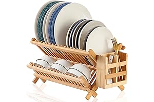 Bamboo Dish Drying Rack-2 Tier, Collapsible Small Dish Rack with Utensil Holder