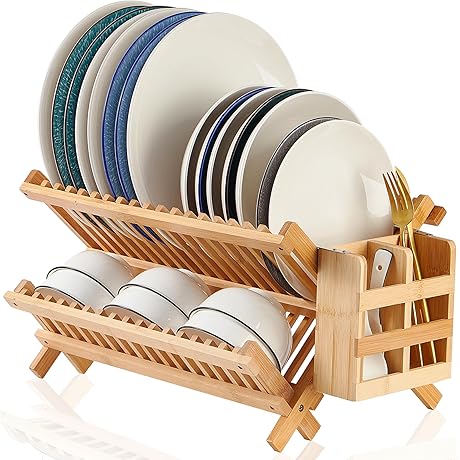 Bamboo Dish Drying Rack-2 Tier, Collapsible Small Dish Rack with Utensil Holder