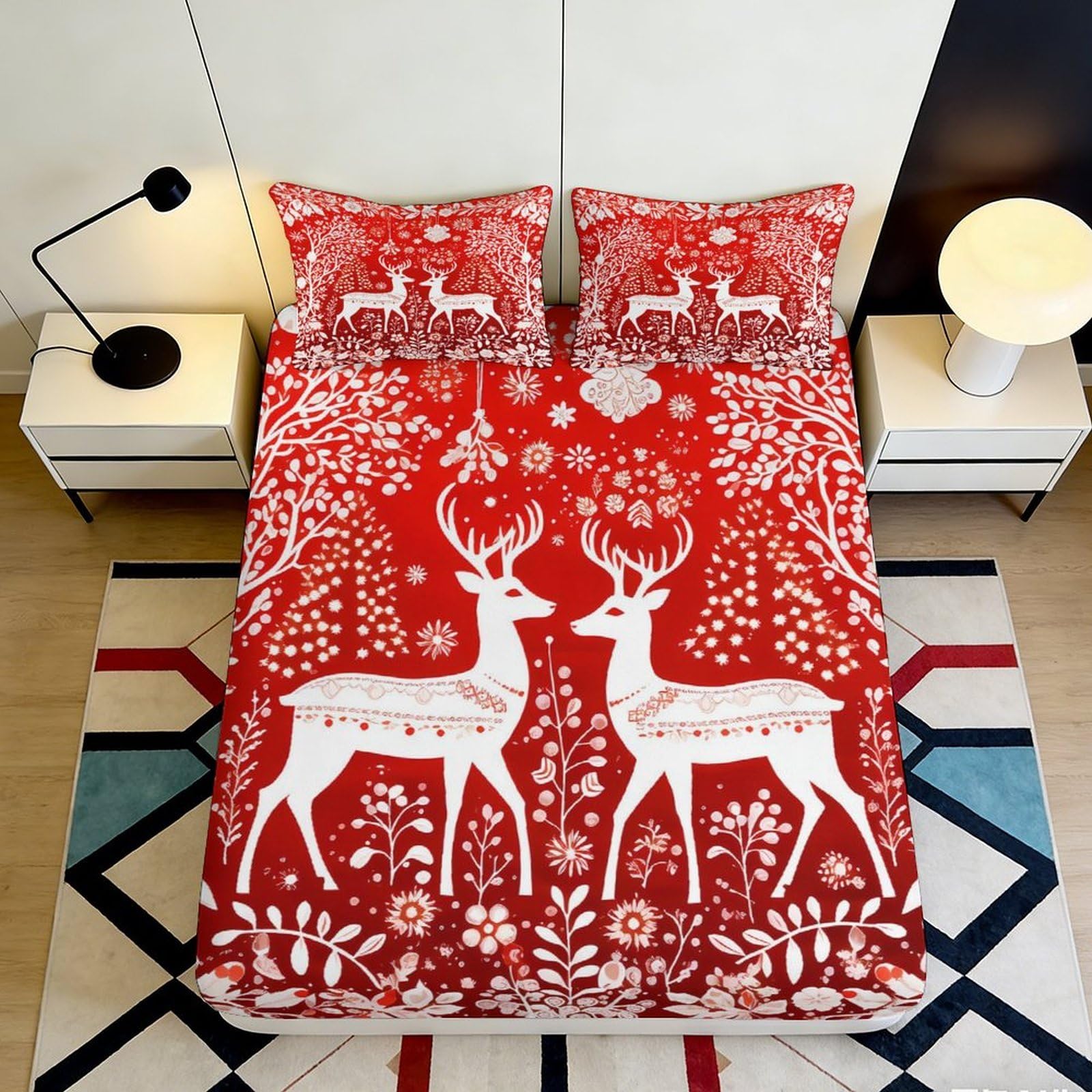 3D Printed Red Christmas Reindeer Fitted Sheet Microfiber Soft Breathable Winter Forest Mattress Cover for Bedroom Dorm Decor 120x200x25cm