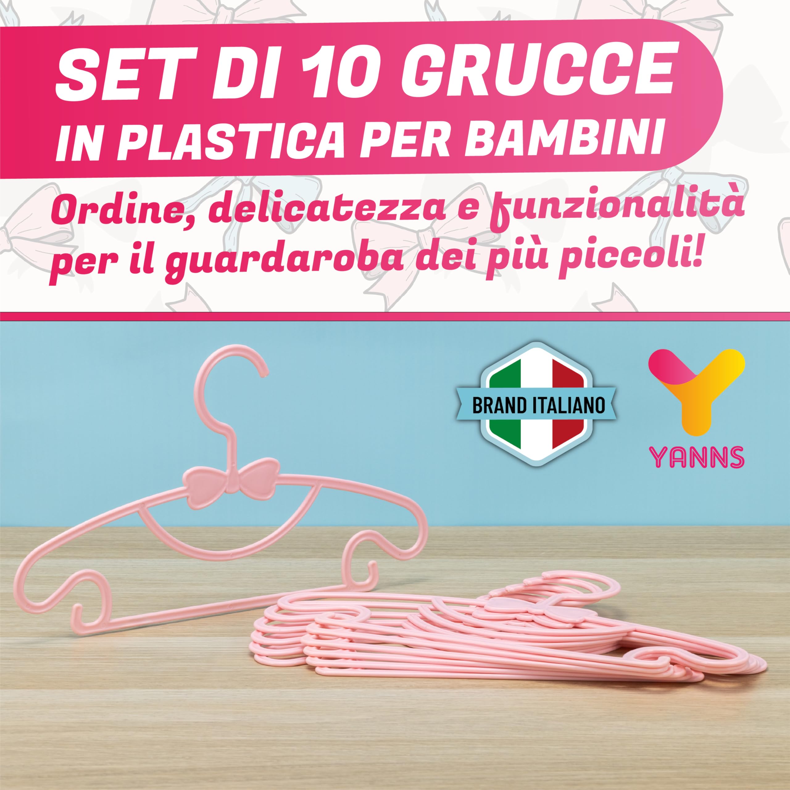 Grucce Bambini - Antiscivolo - Confezione da 10 Pezzi - Appendini Salvaspazio per Armadio - Adatto ai Vestiti per Bambini - Rosa