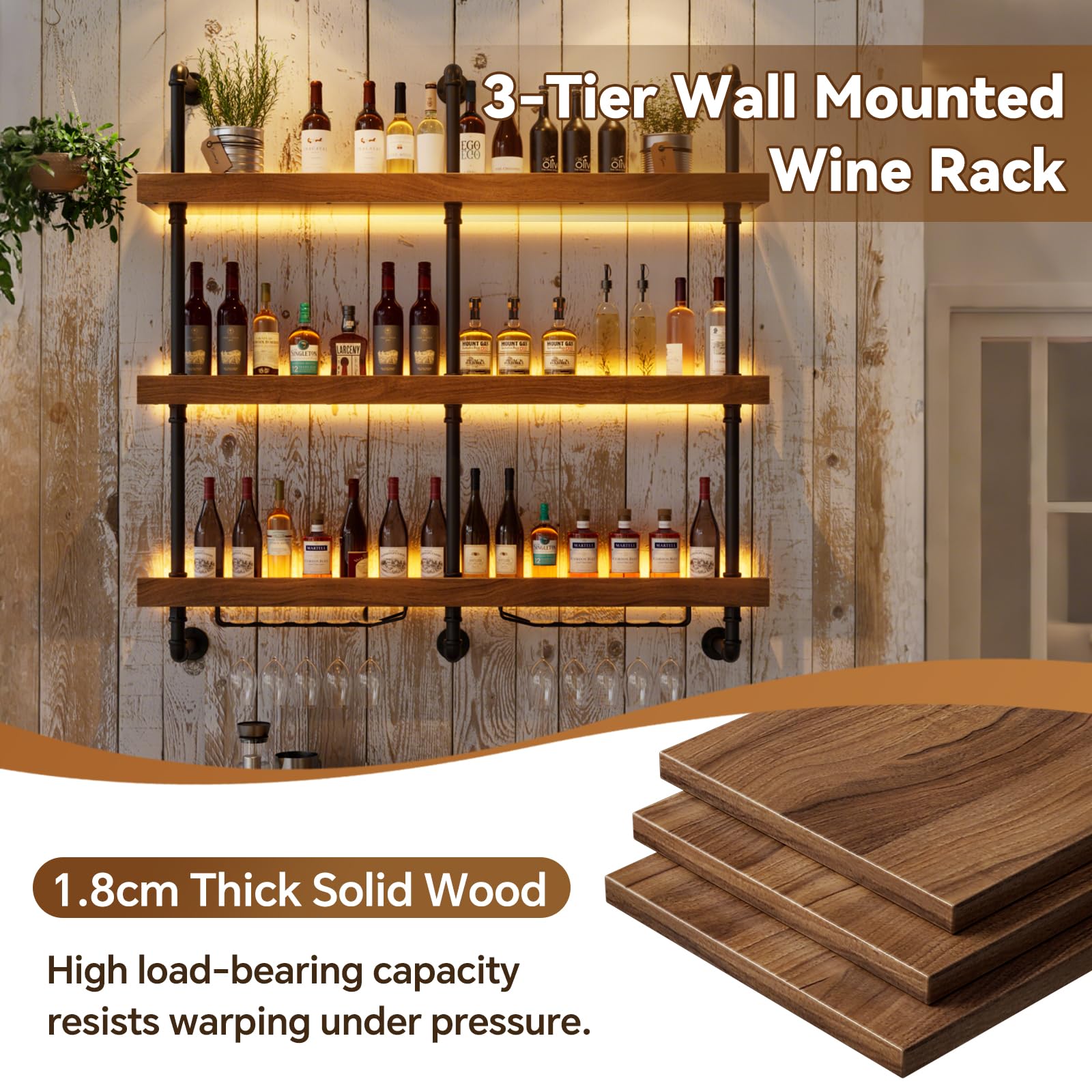 Weinregal Wand Mit LED-Licht & Glashalter Weinregal für Die Wand aus Metall & Massivholz 3-stöckig Weinhalter Metall Hängend Aufbewahrungsregal Ideal für Bars,Weinkeller,Küche,Restaurants 25*120*120CM